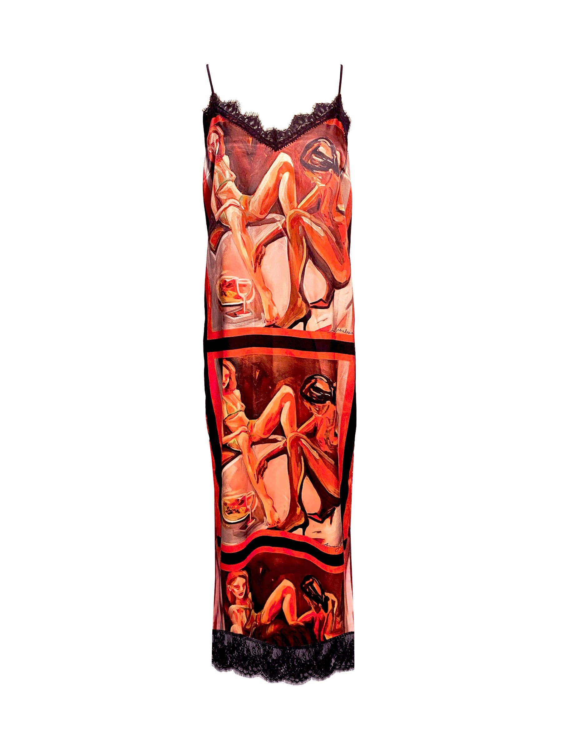 Printed satin slip dress with lace