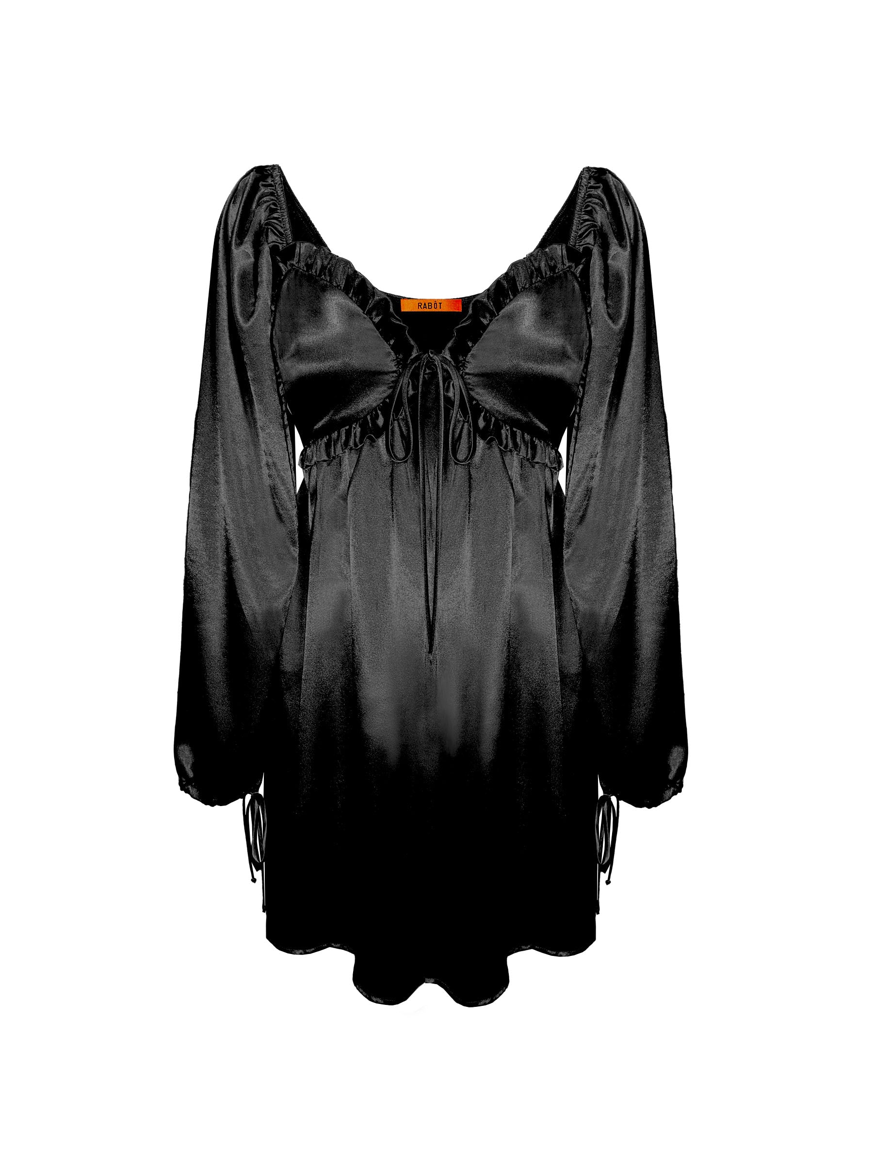 Black_satin_ruffle_babydoll_mini_dress