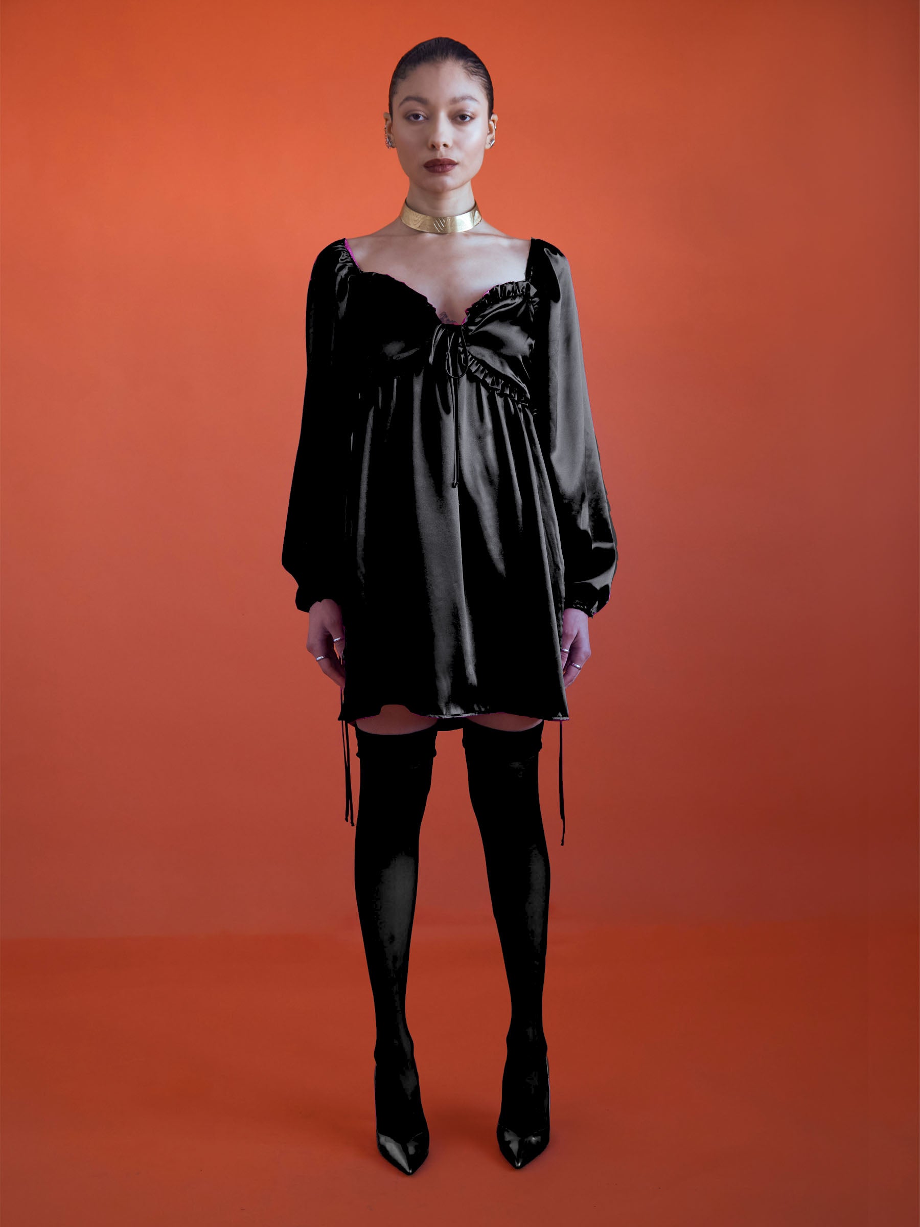 Black_satin_ruffle_babydoll_mini_dress
