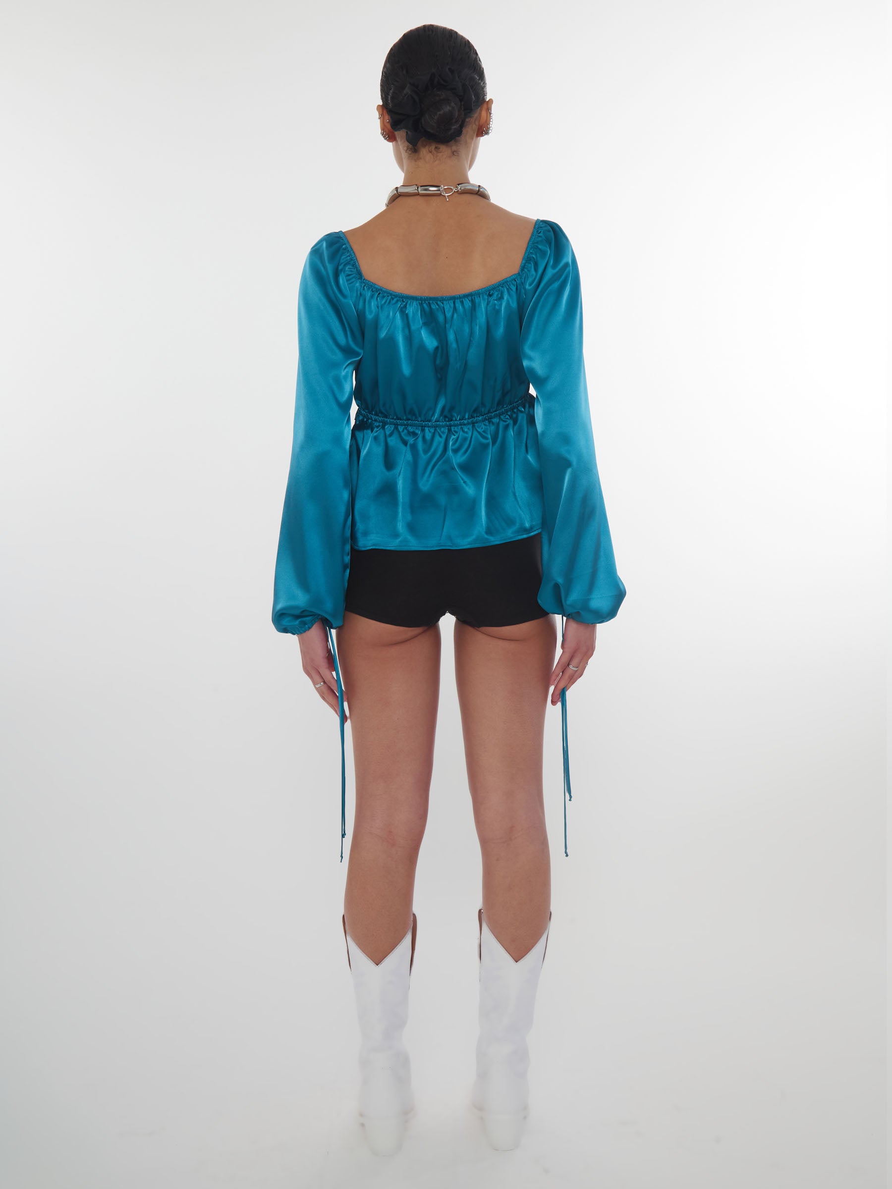 Blue_satin_swingy_ruffle_babydoll_top
