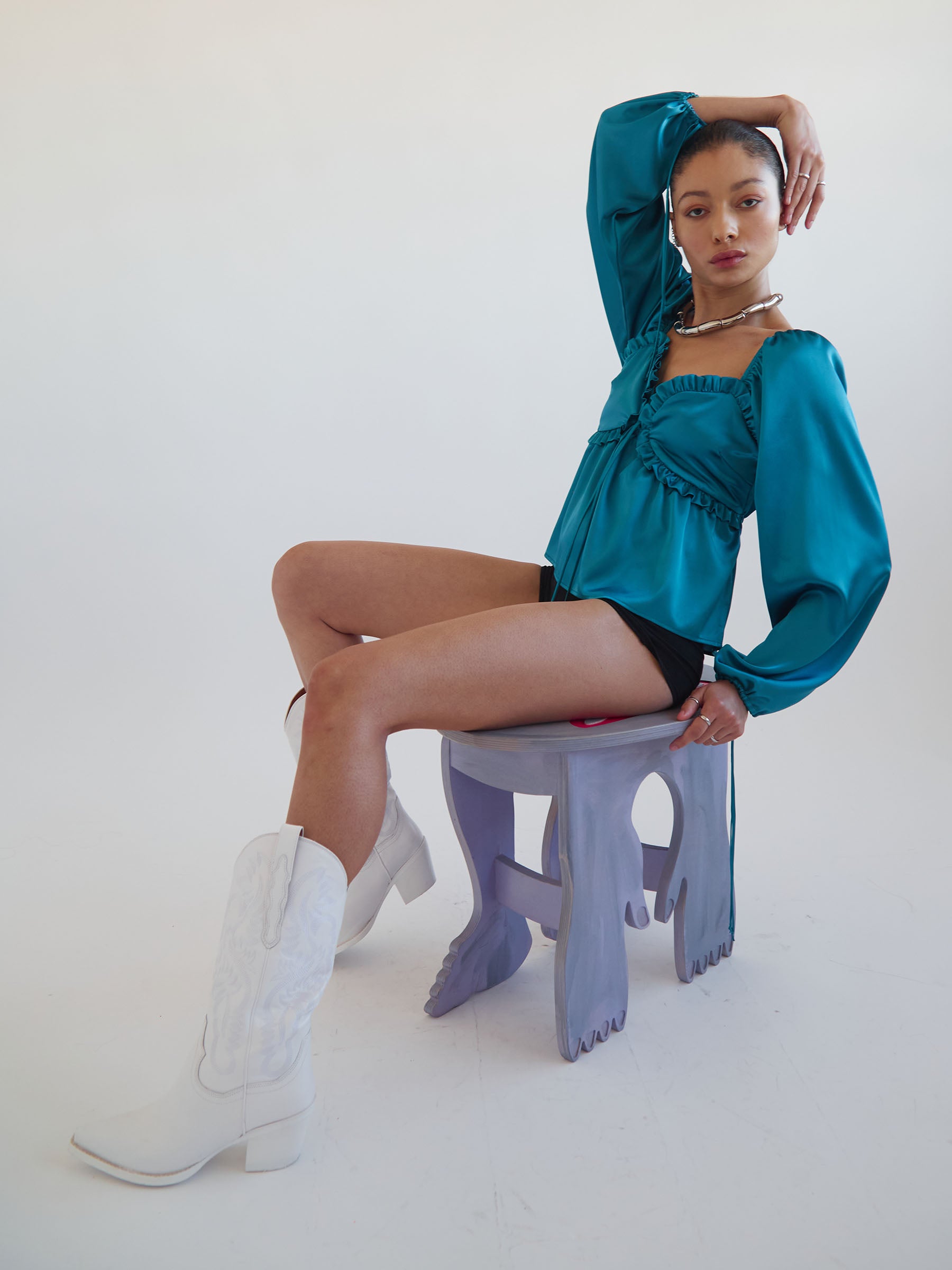 Blue_satin_swingy_ruffle_babydoll_top