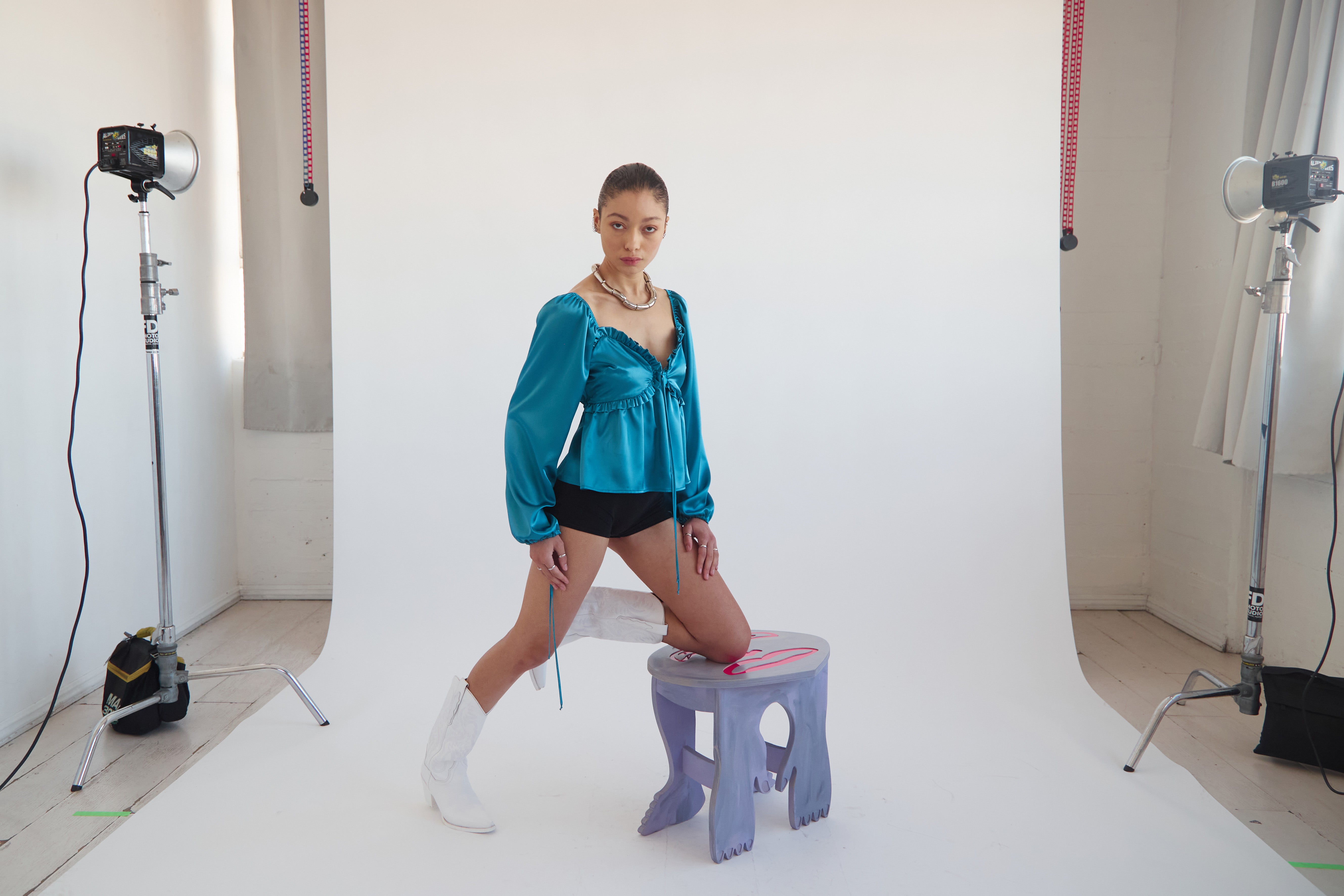 Blue_satin_swingy_ruffle_babydoll_top