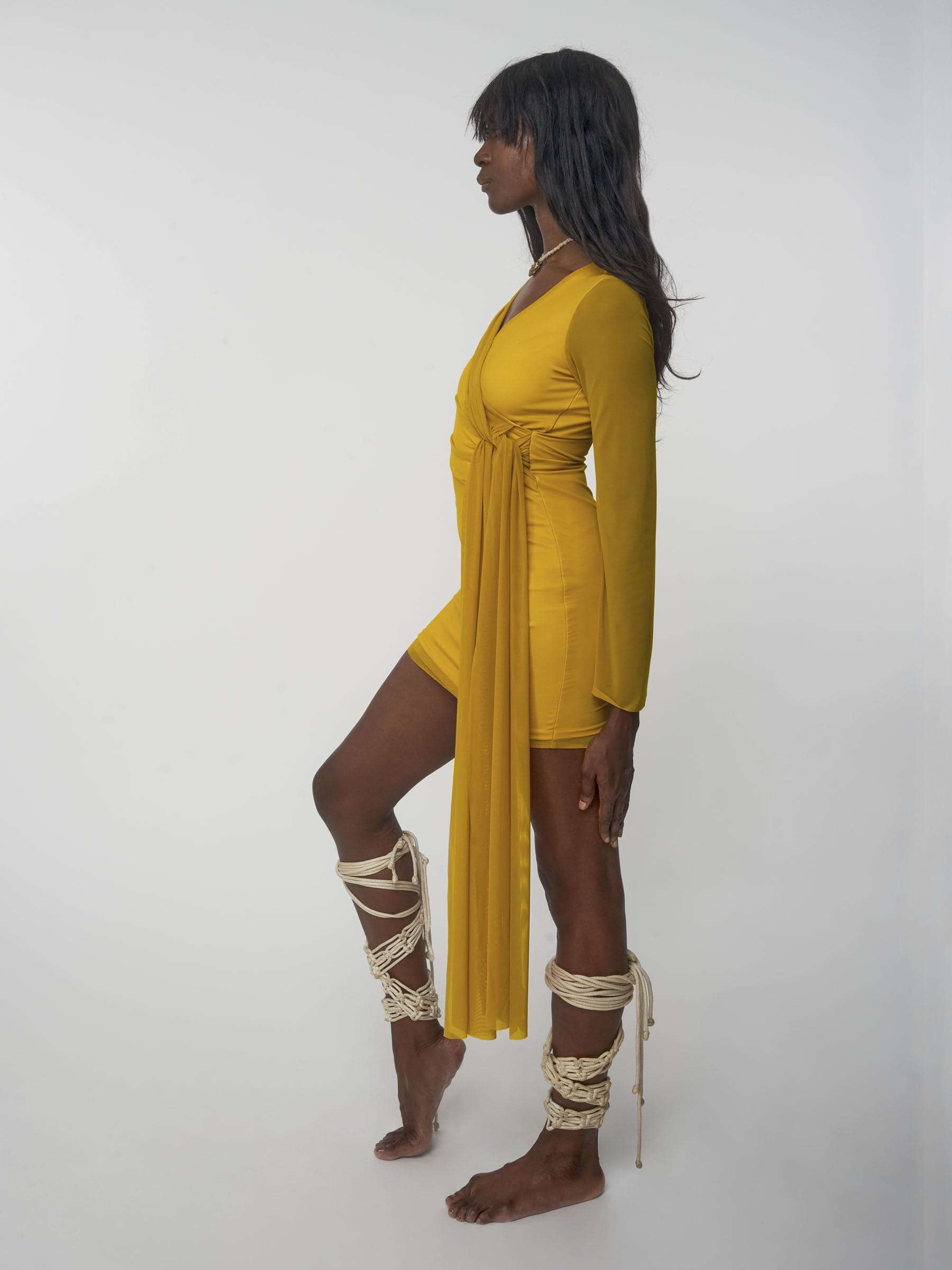 Bright yellow wrap mesh dress