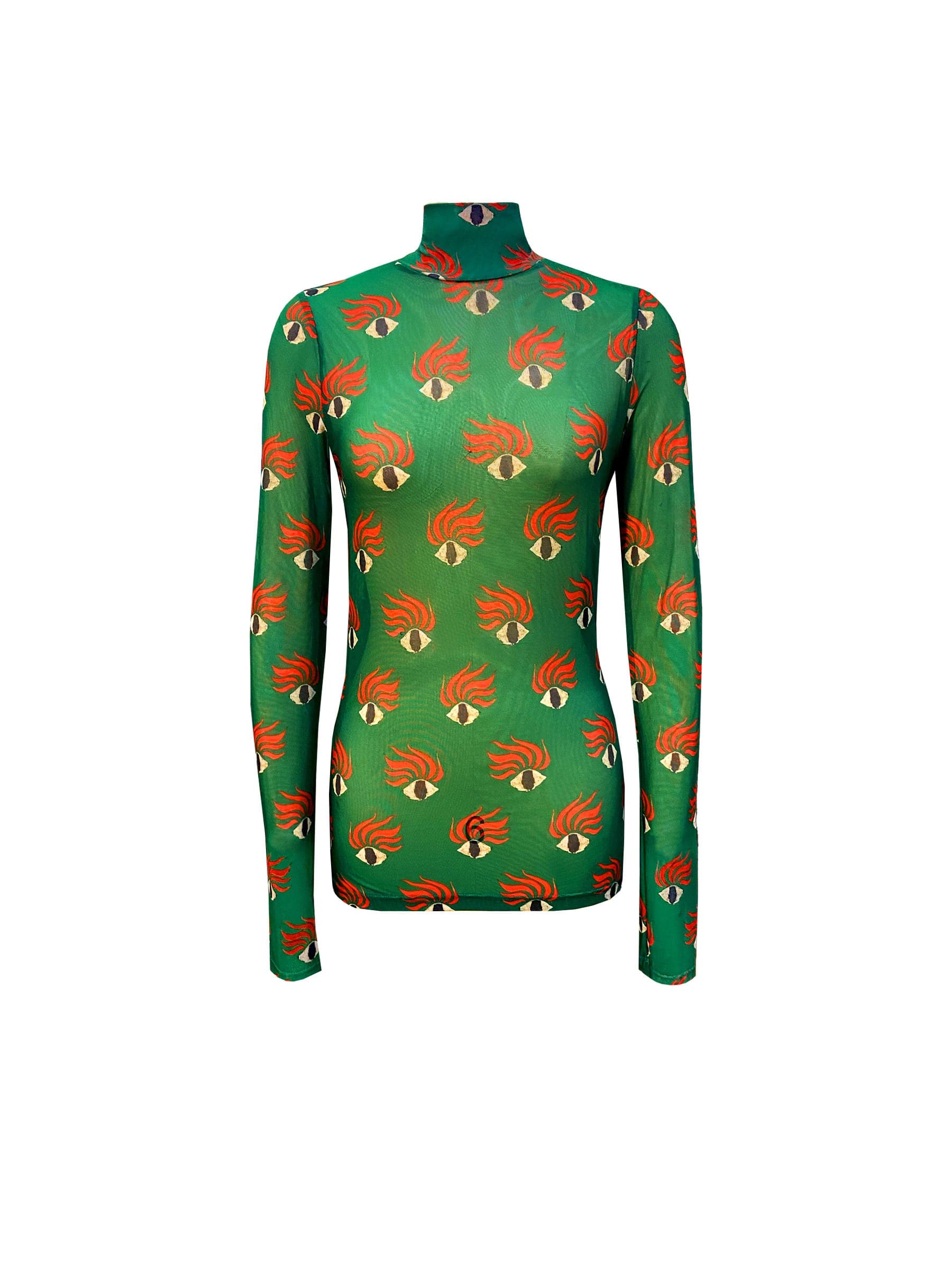 Green eye print mesh turtleneck