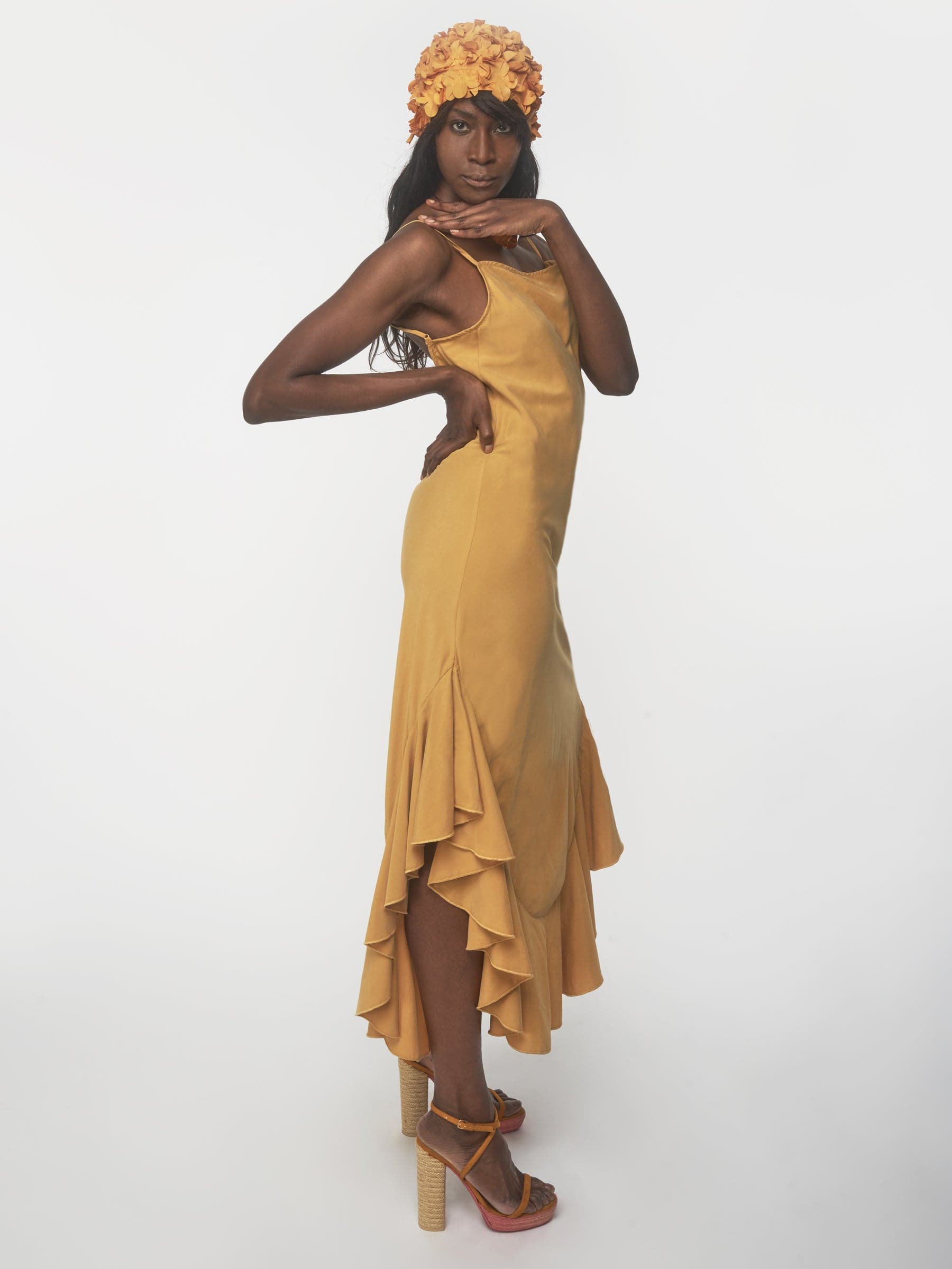 Sand color bia cut tencel ruffle dress