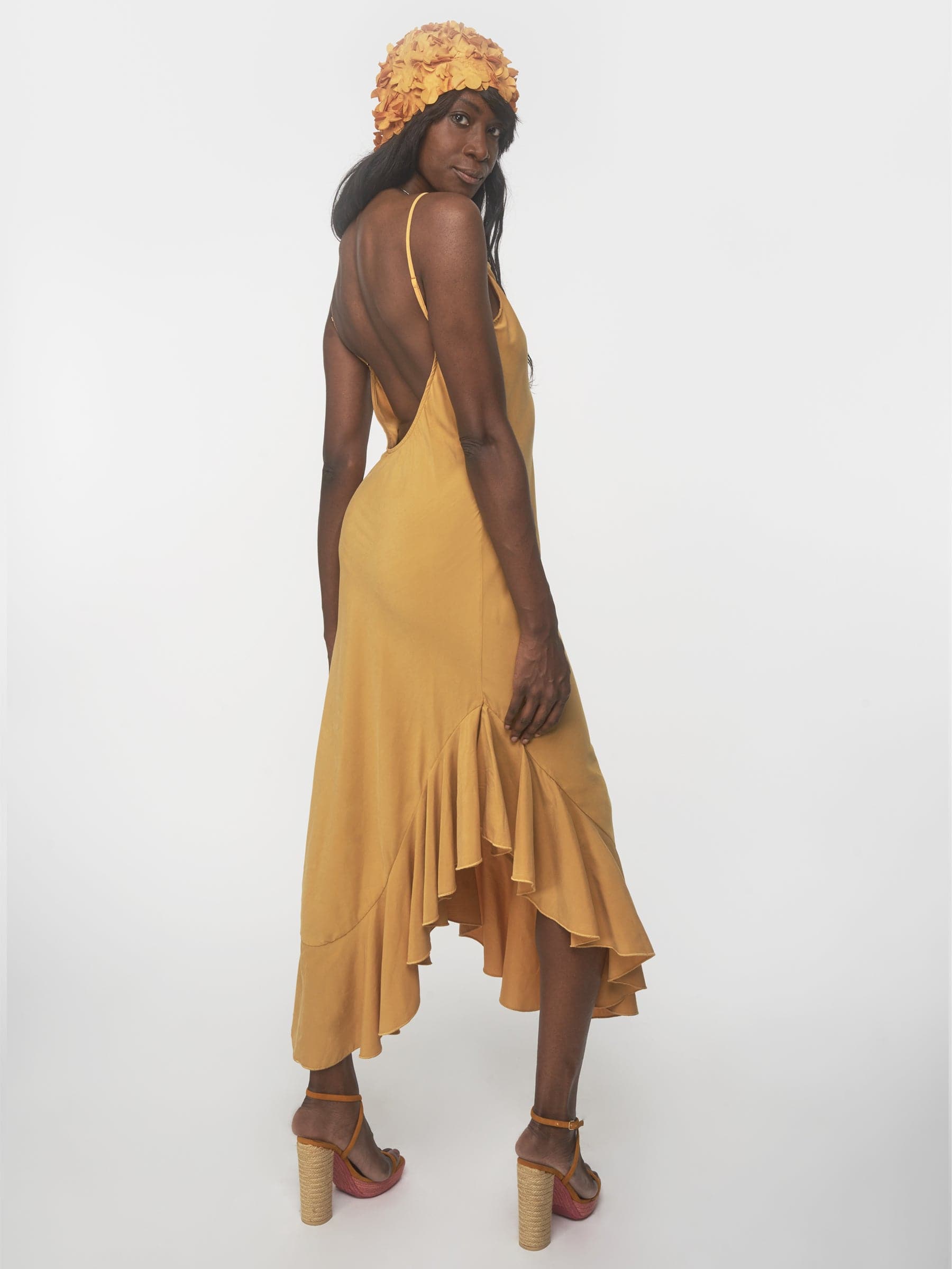 Sand color bia cut tencel ruffle dress