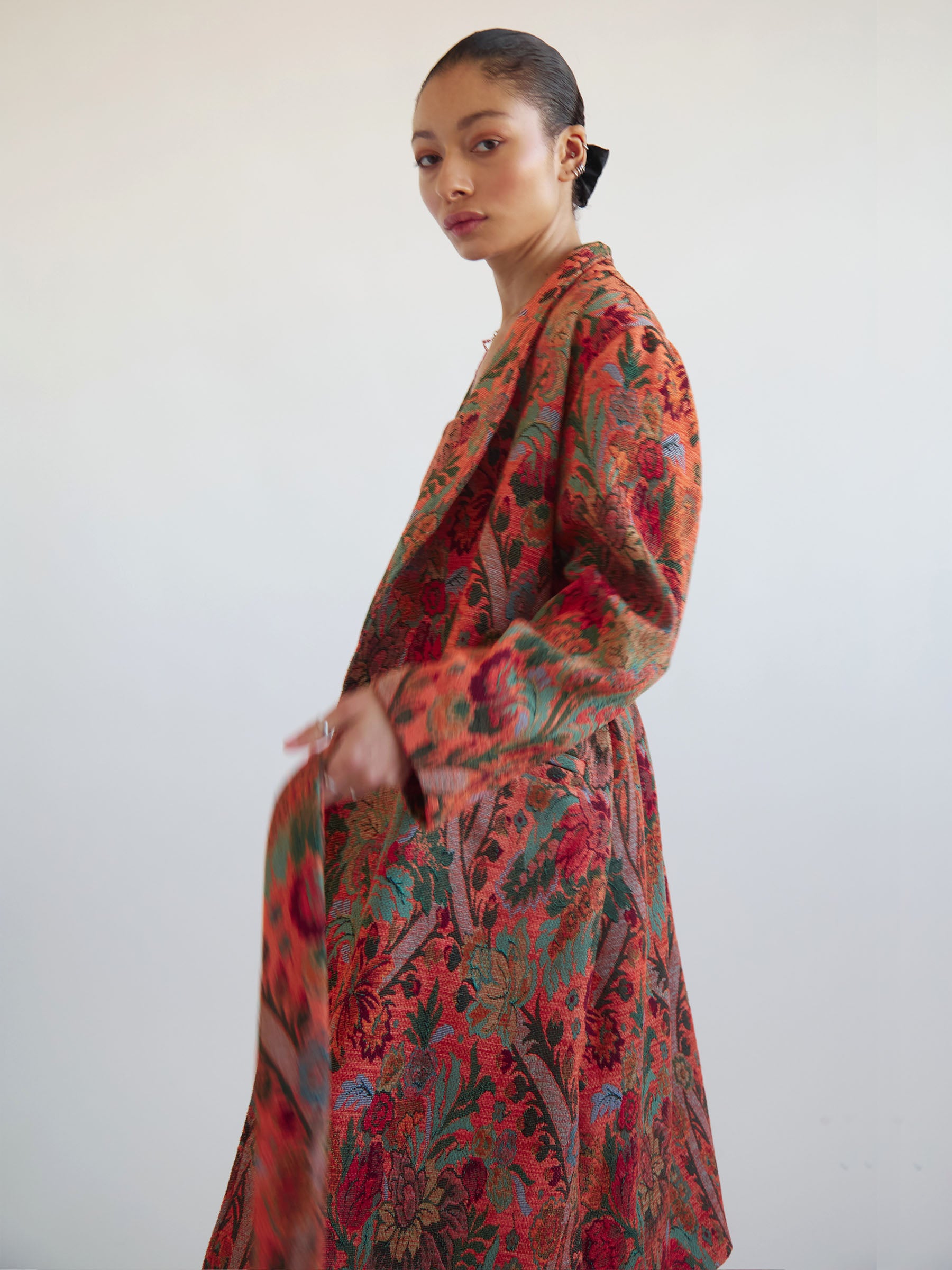 Orange floral and paisley coat