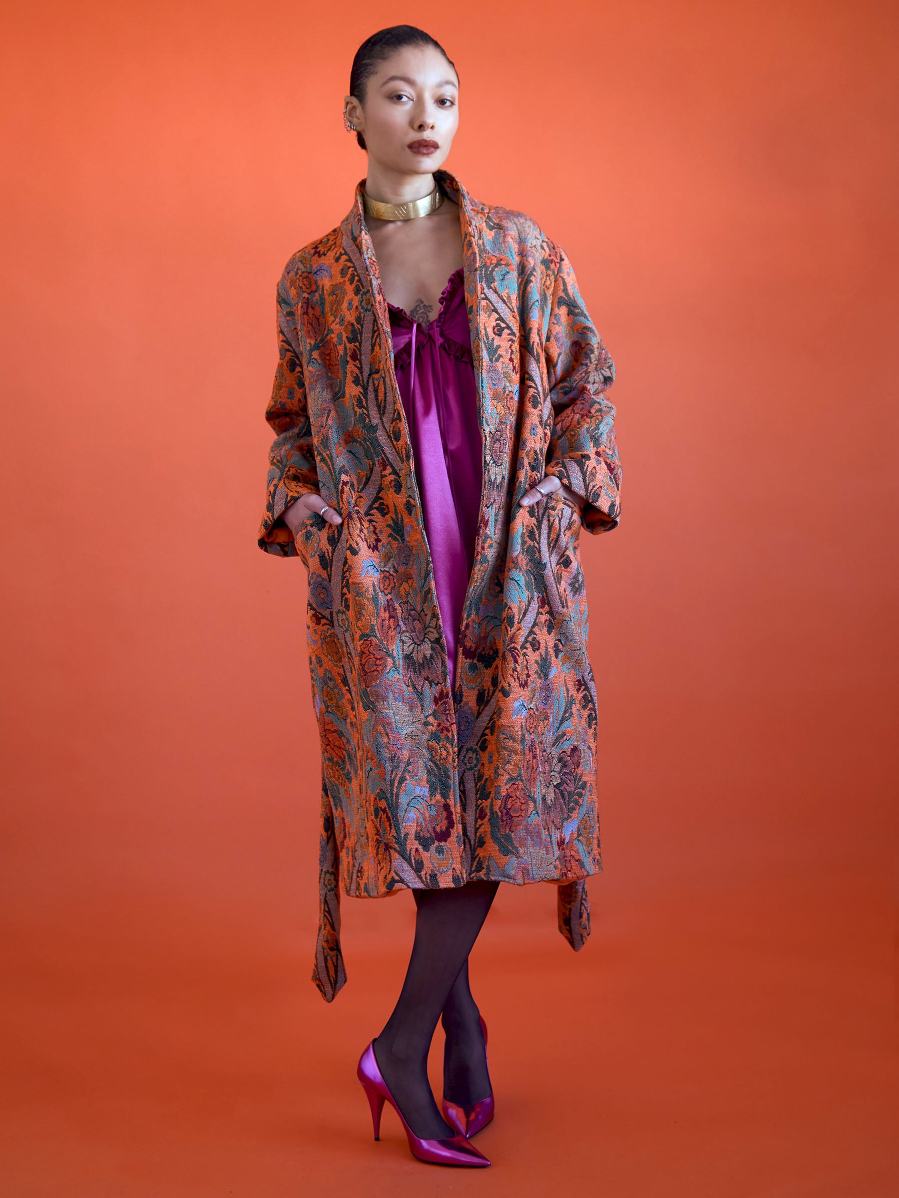 Orange floral and paisley coat