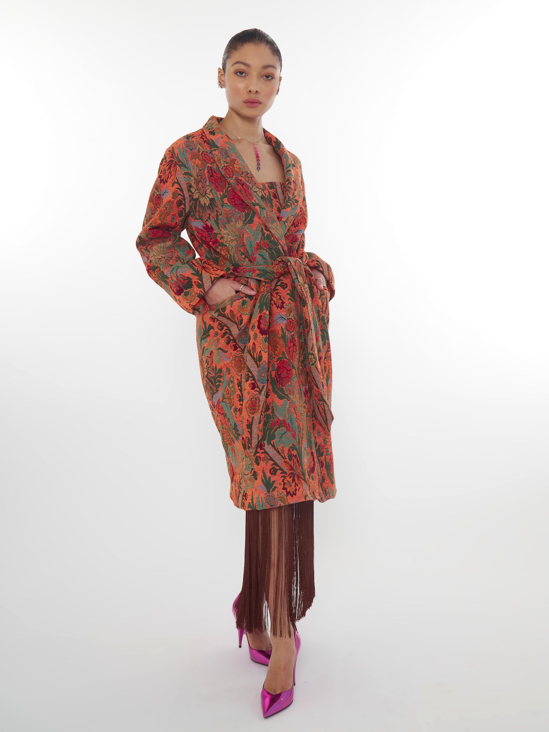 Orange floral and paisley coat