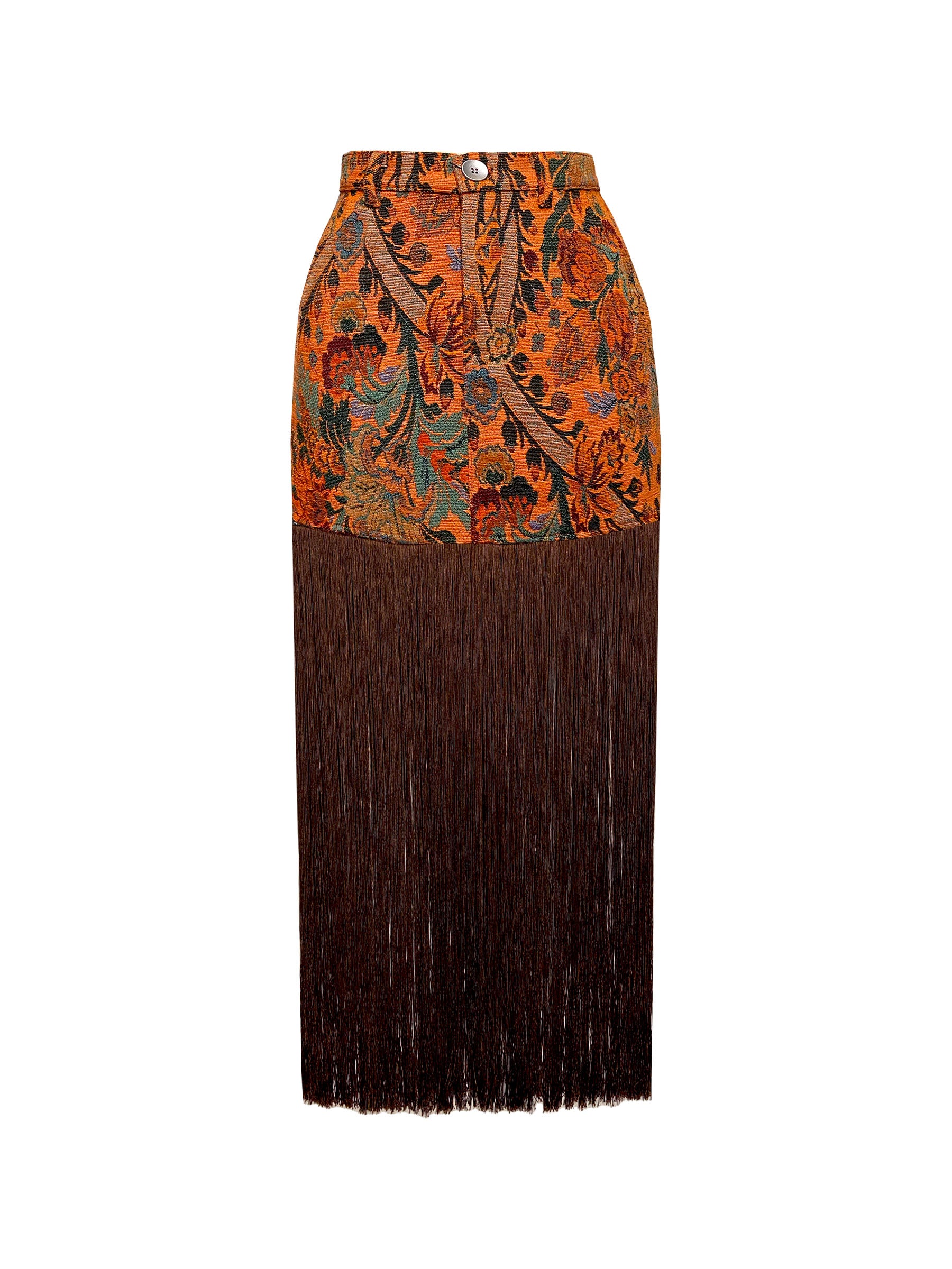 Orange floral paisley mini skirt with fringe