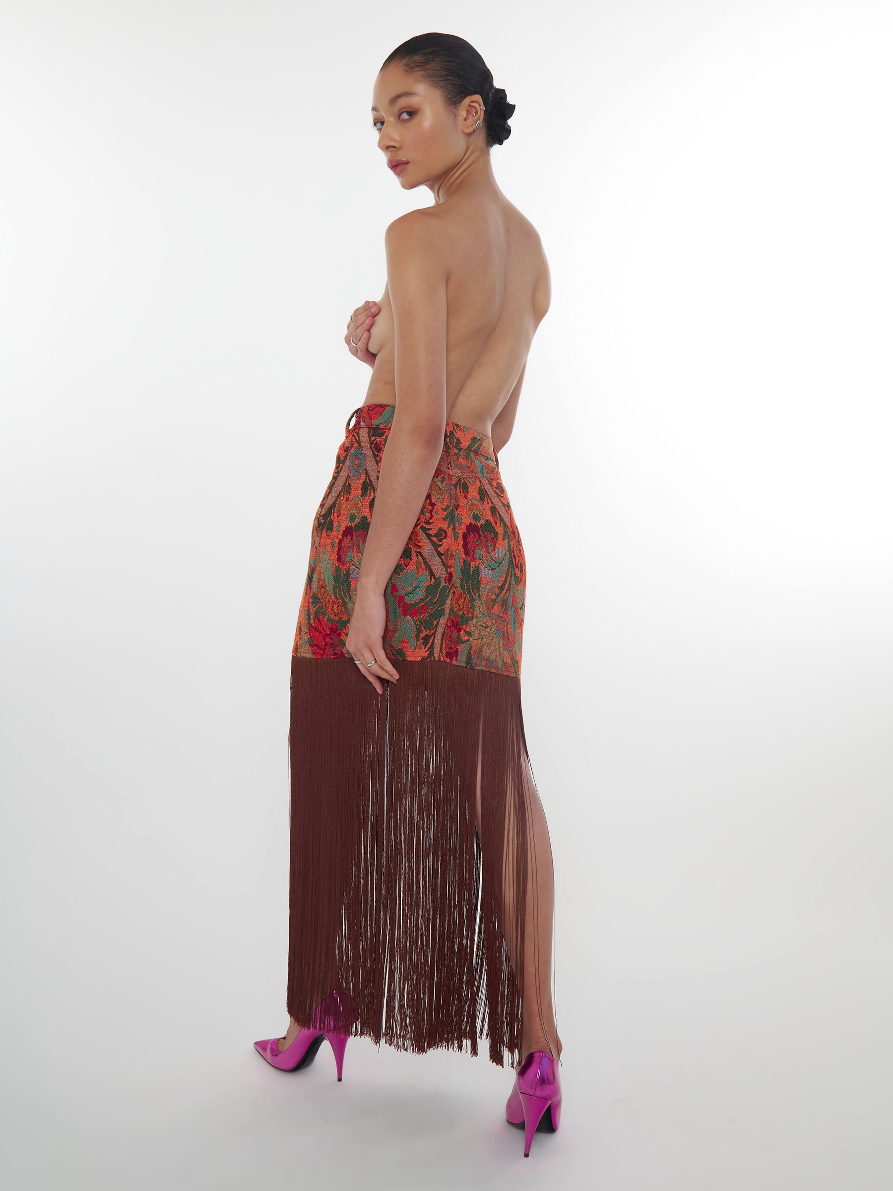 Orange floral paisley mini skirt with fringe