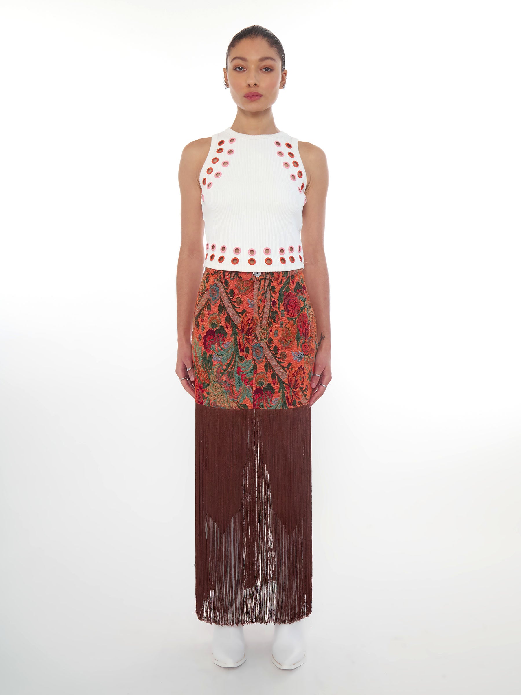 Orange floral paisley mini skirt with fringe