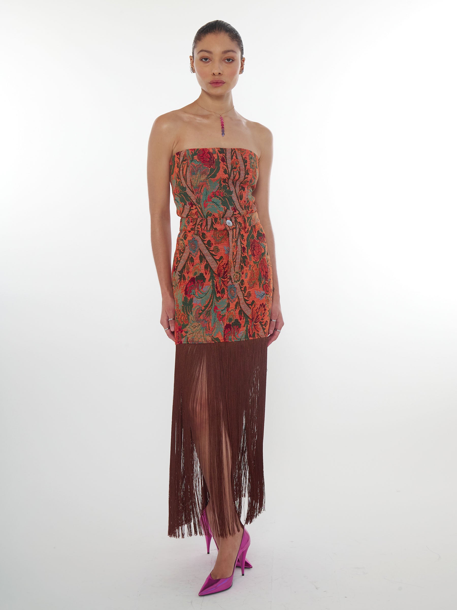 Orange floral paisley mini skirt with fringe