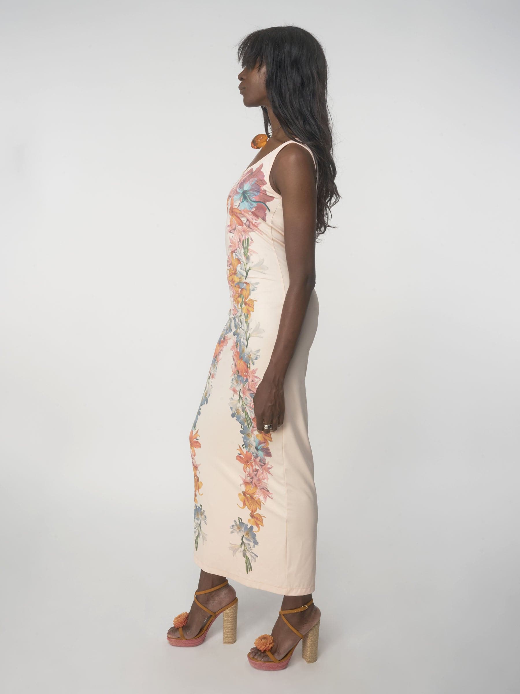 Feminine floral print tight pink maxi tank dress