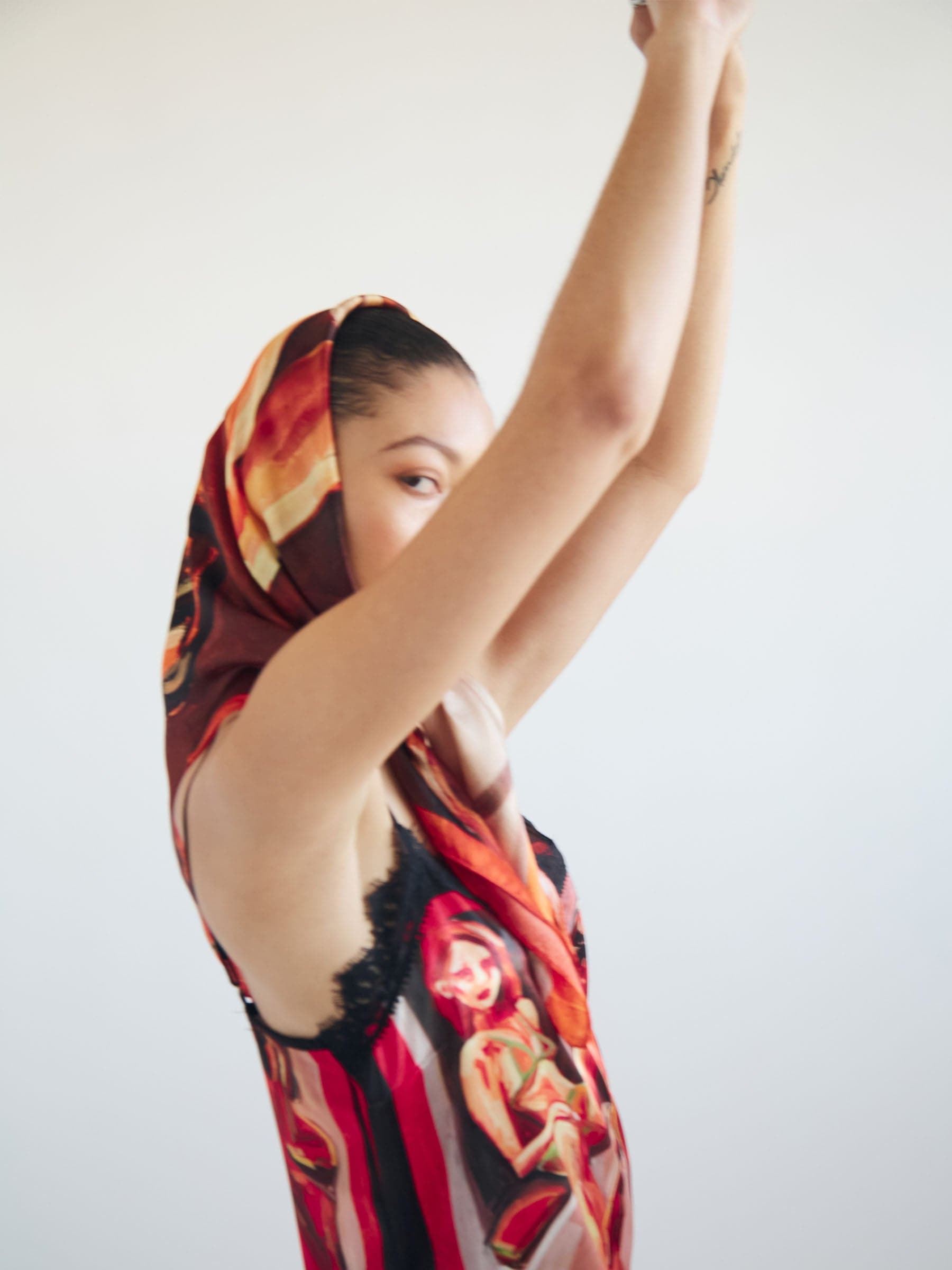 Printed satin slip dress with lace