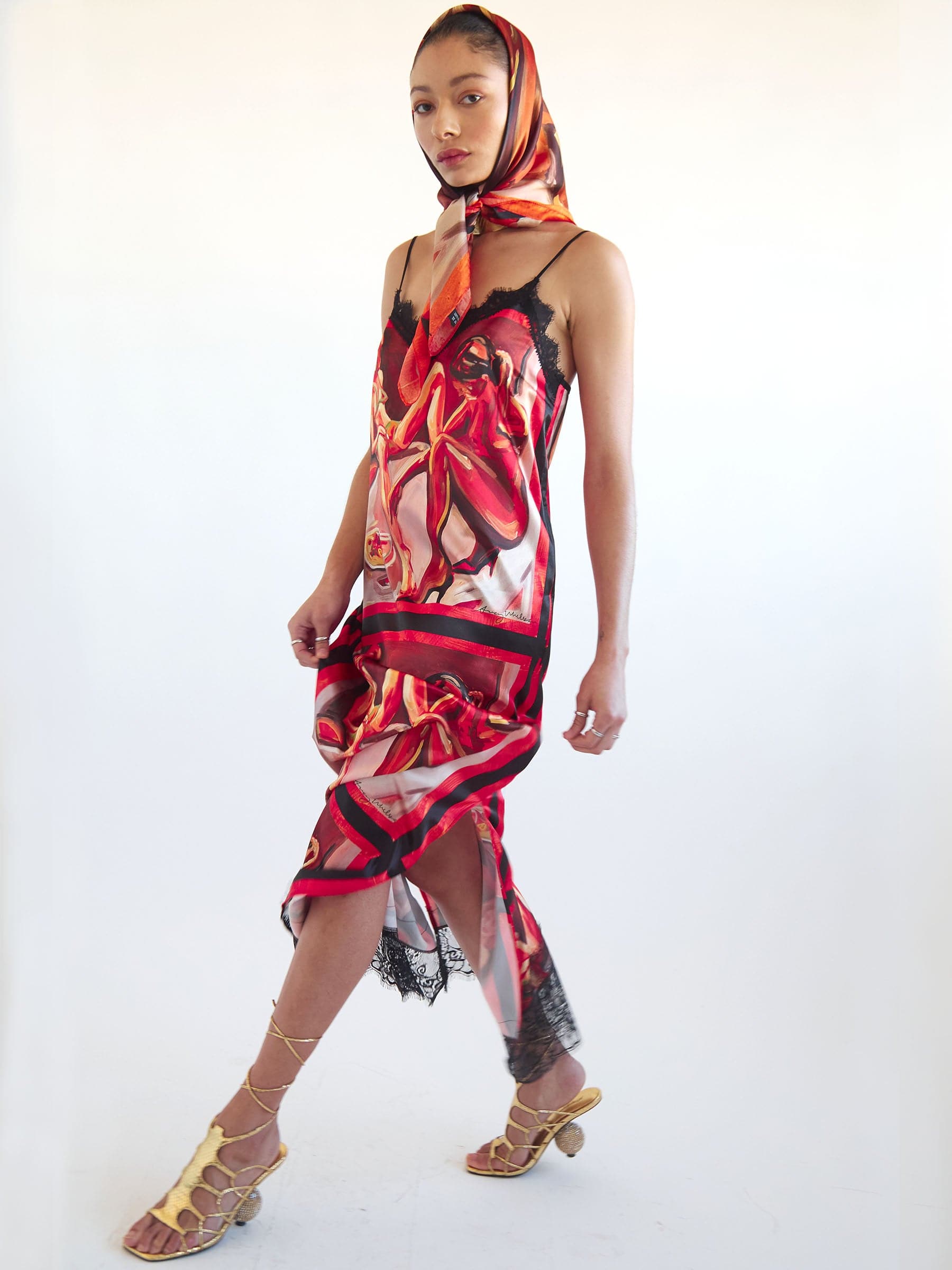 Printed satin slip dress with lace