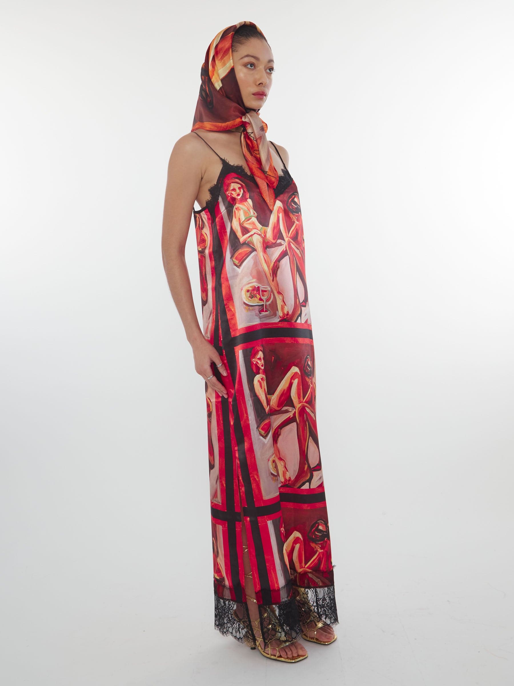 Printed satin slip dress with lace