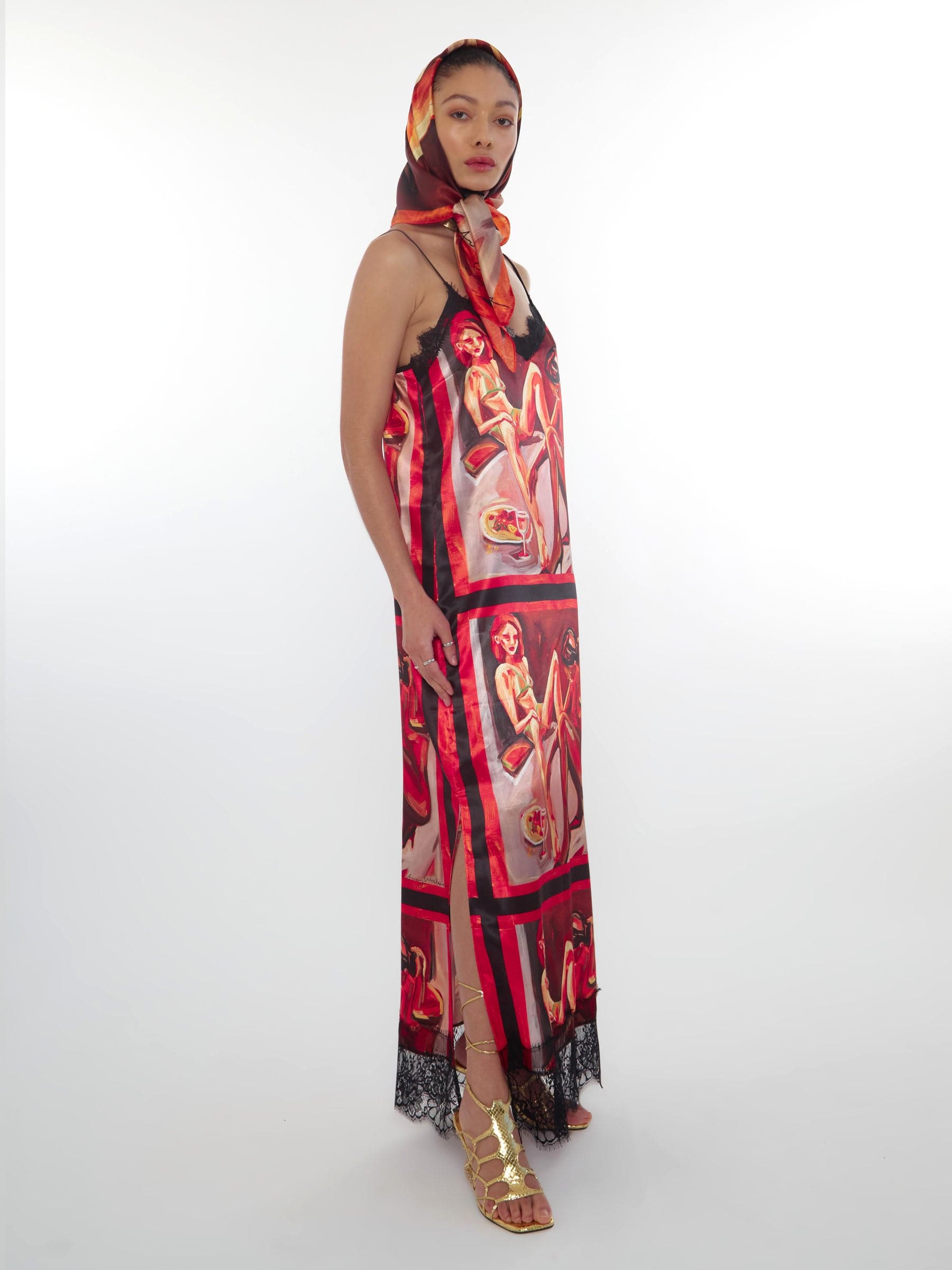 Printed satin slip dress with lace