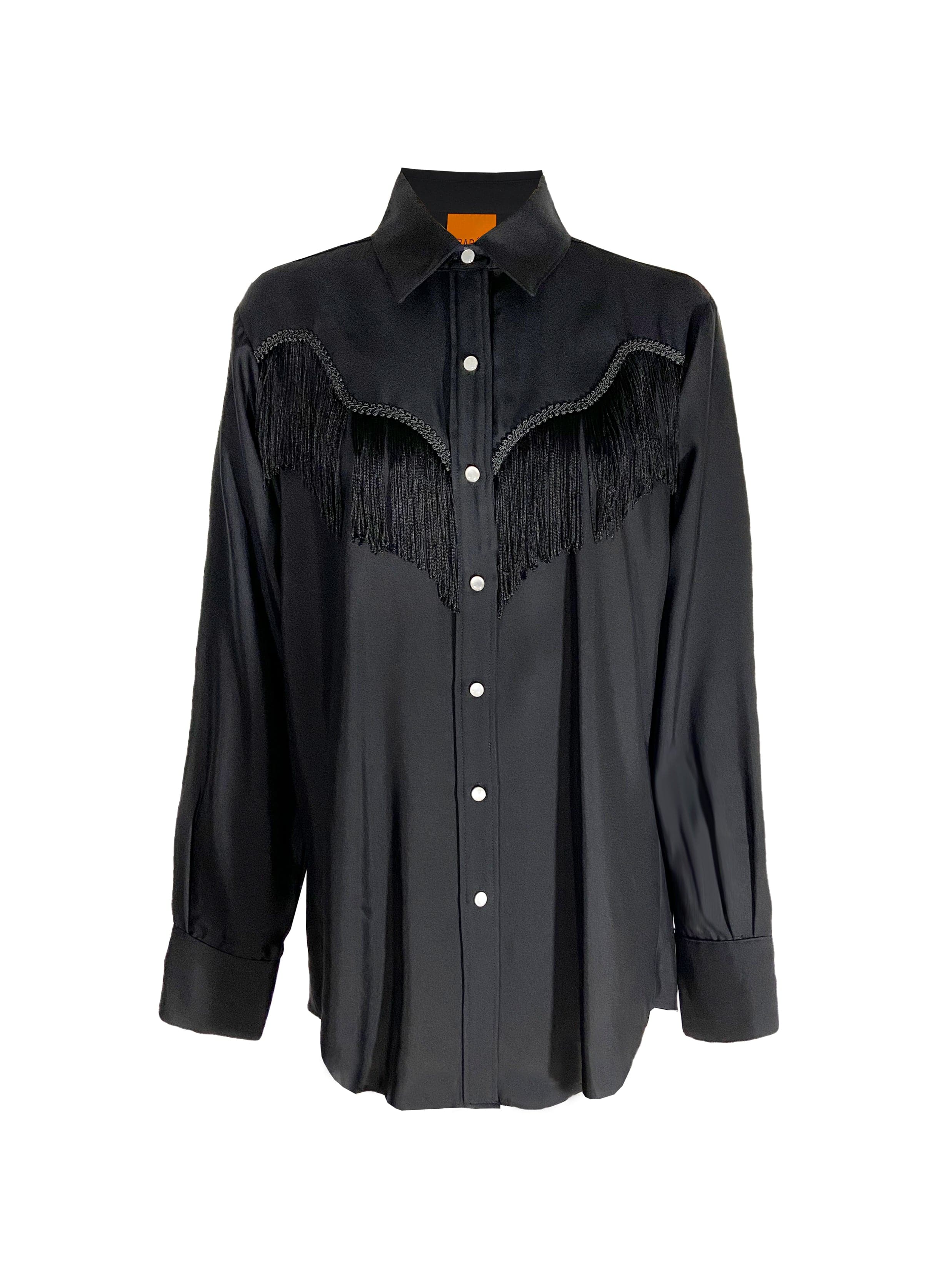 Oversized black silk fringe shirt