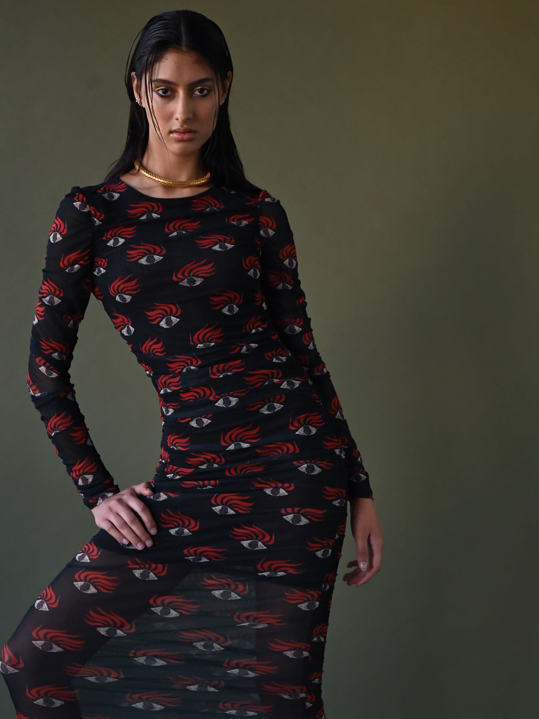 EYE PRINT MESH SLIM RUCHED DRESS