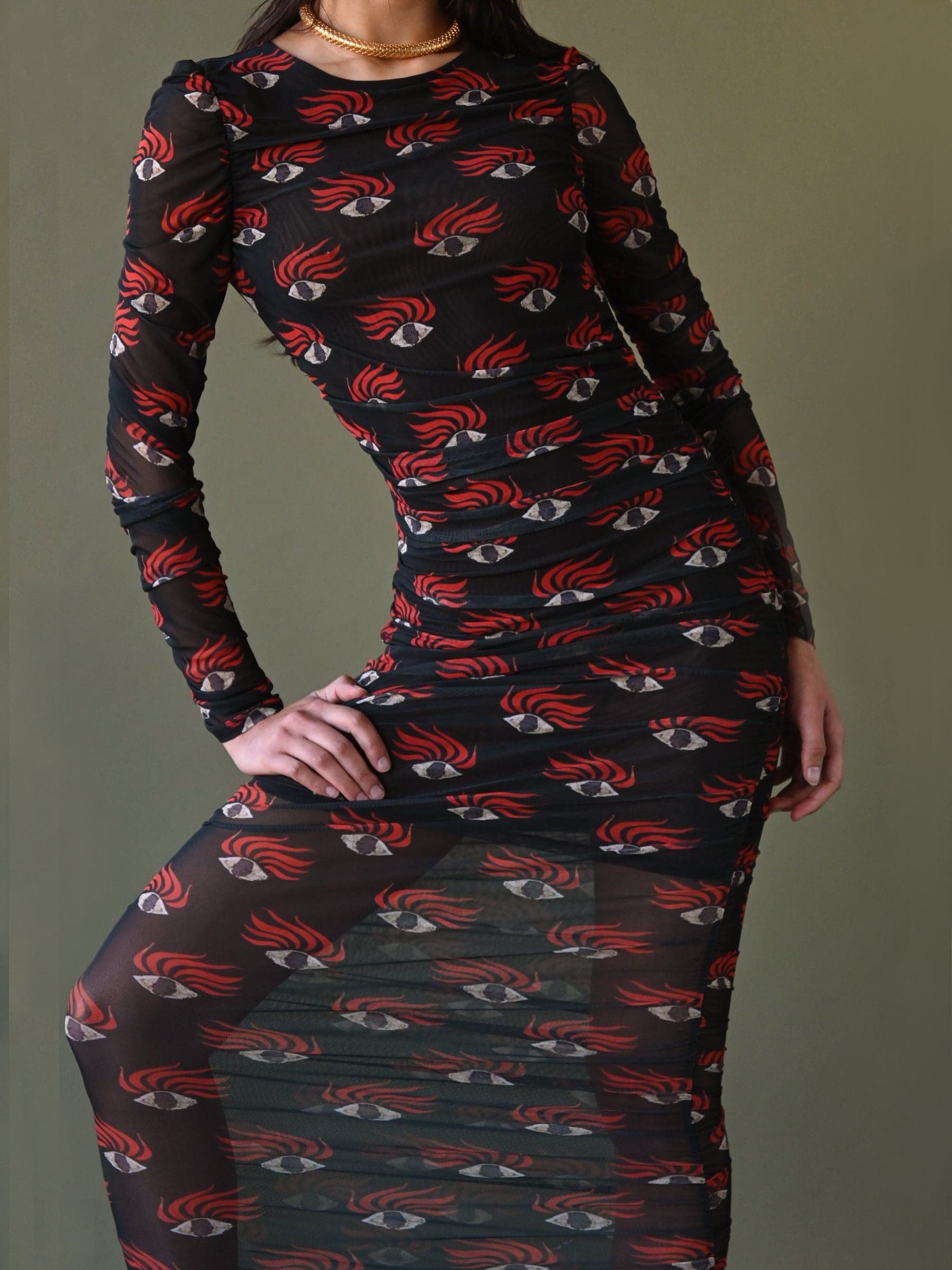EYE PRINT MESH SLIM RUCHED DRESS