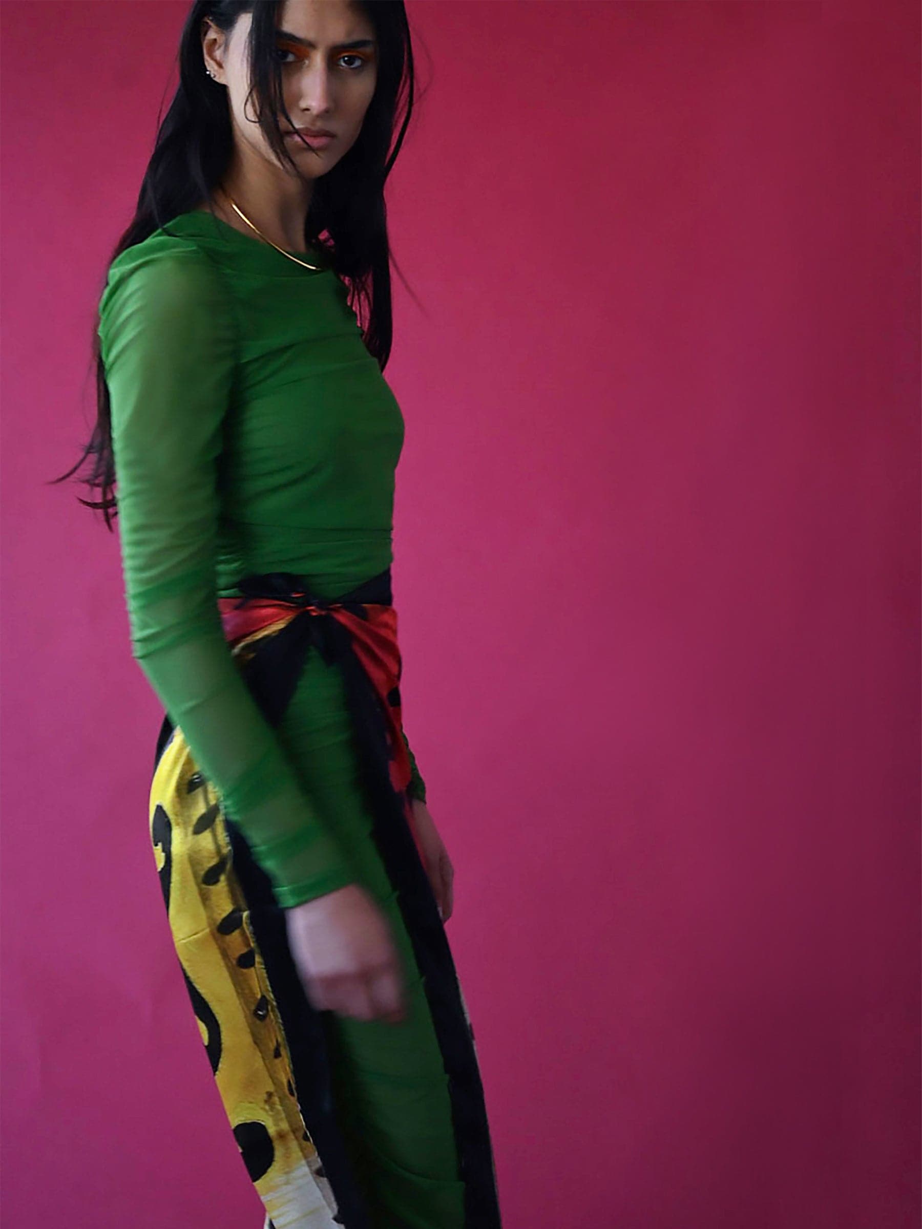 KELLY GREEN MESH RUCHED DRESS