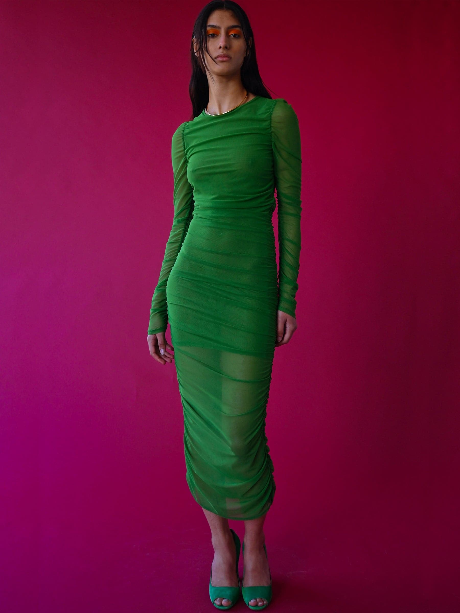 KELLY GREEN MESH RUCHED DRESS