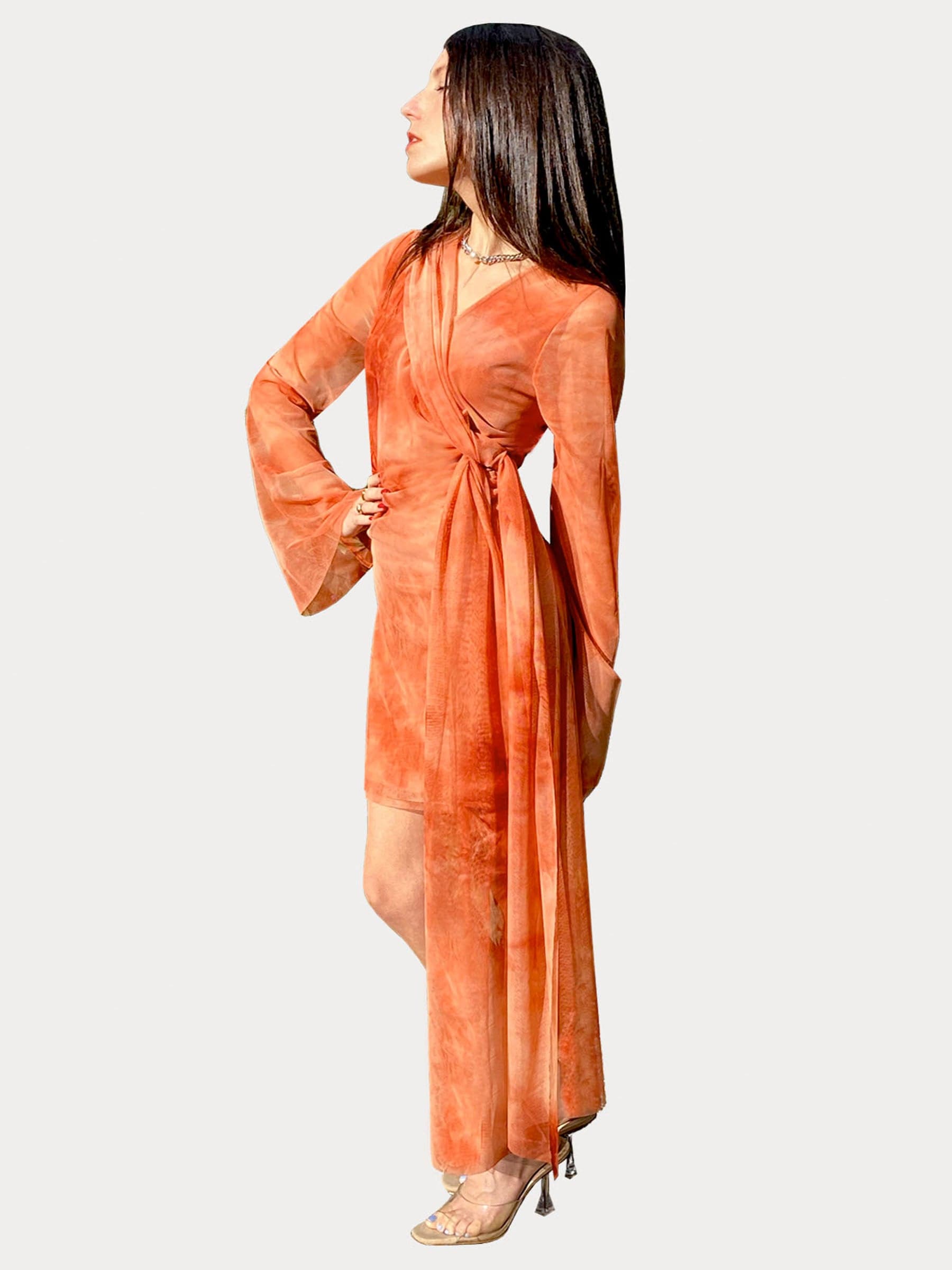Orange tie dye mini dress with tie