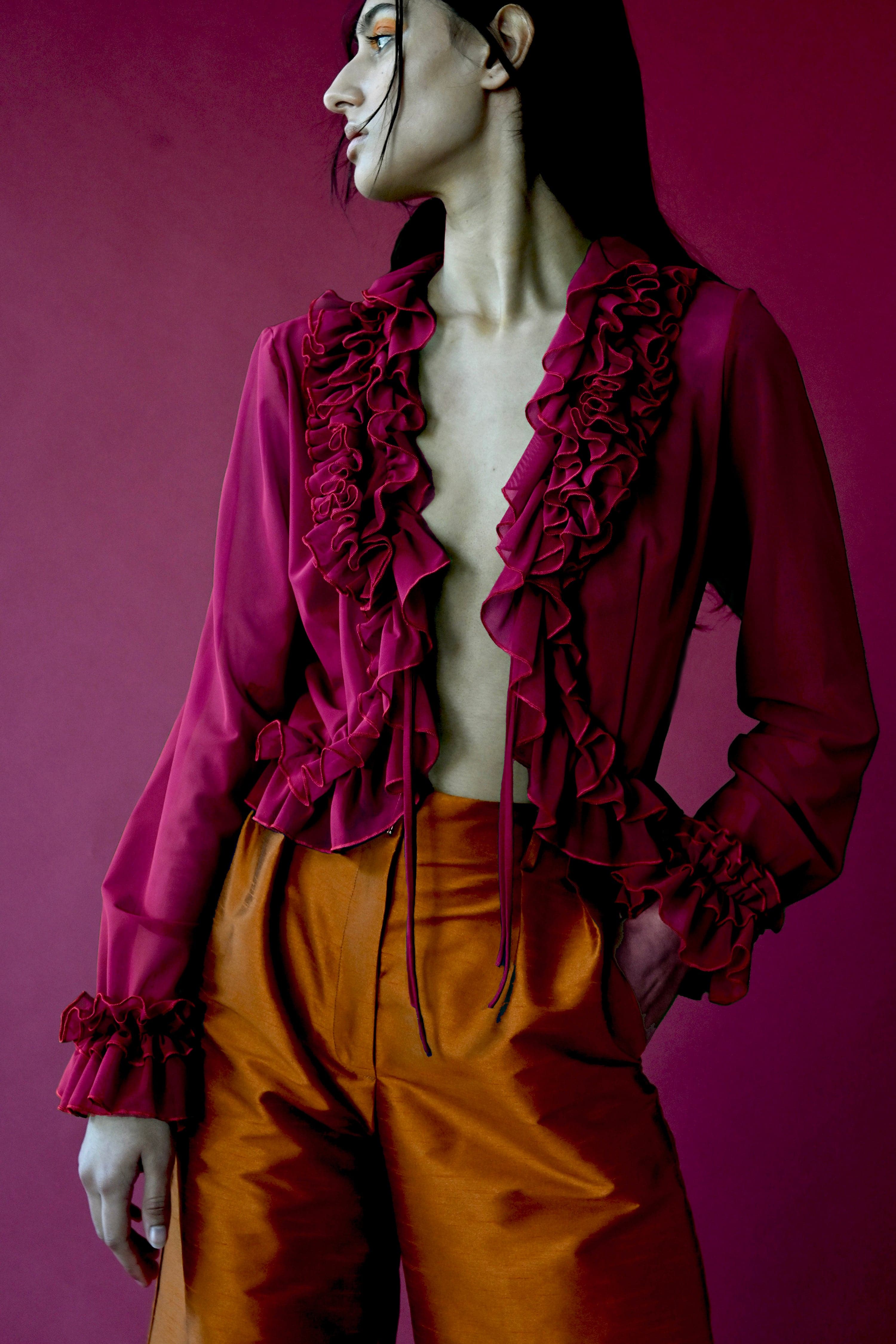 PURPLE MESH RUFFLE TOP