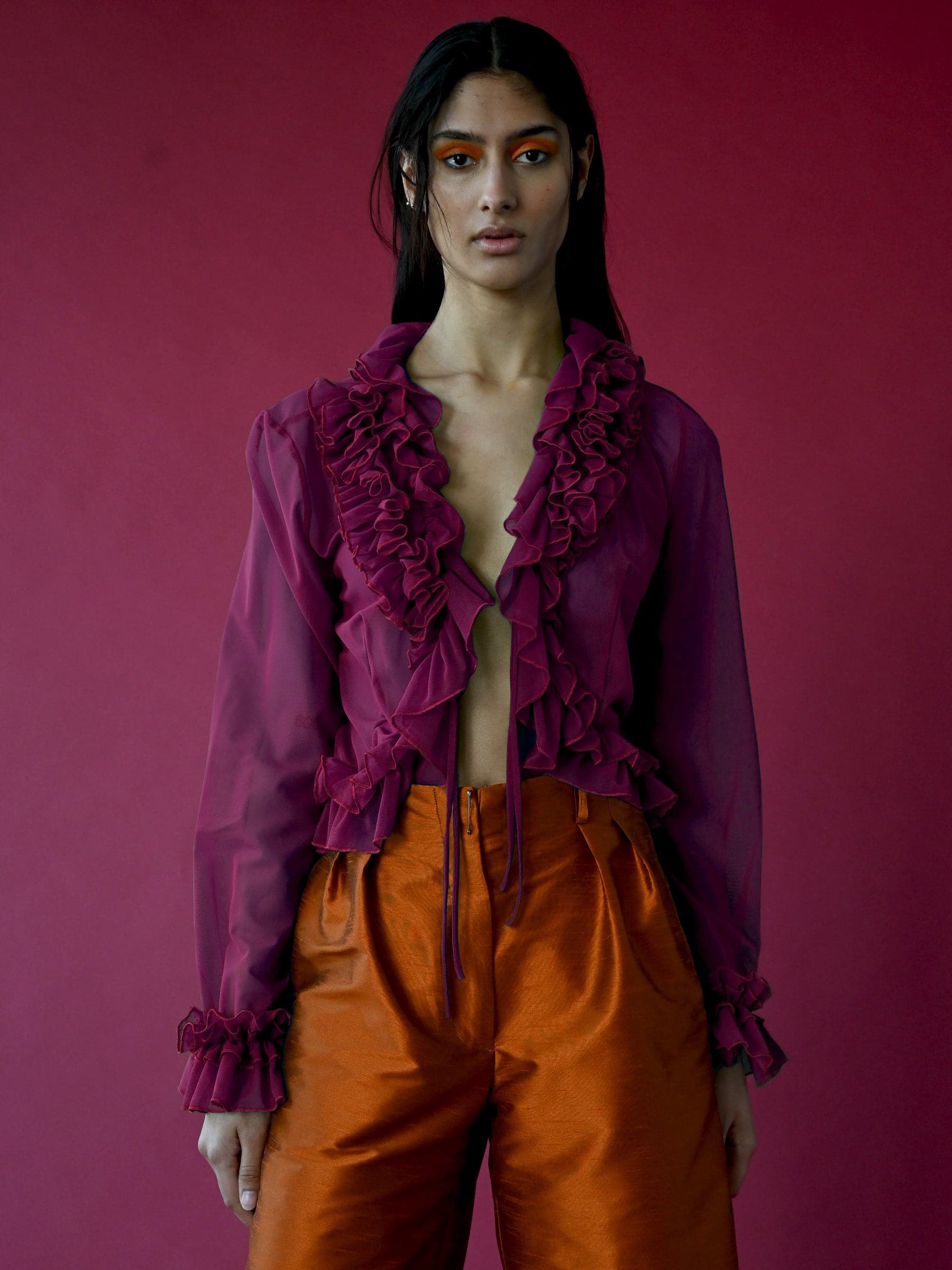 PURPLE MESH RUFFLE TOP
