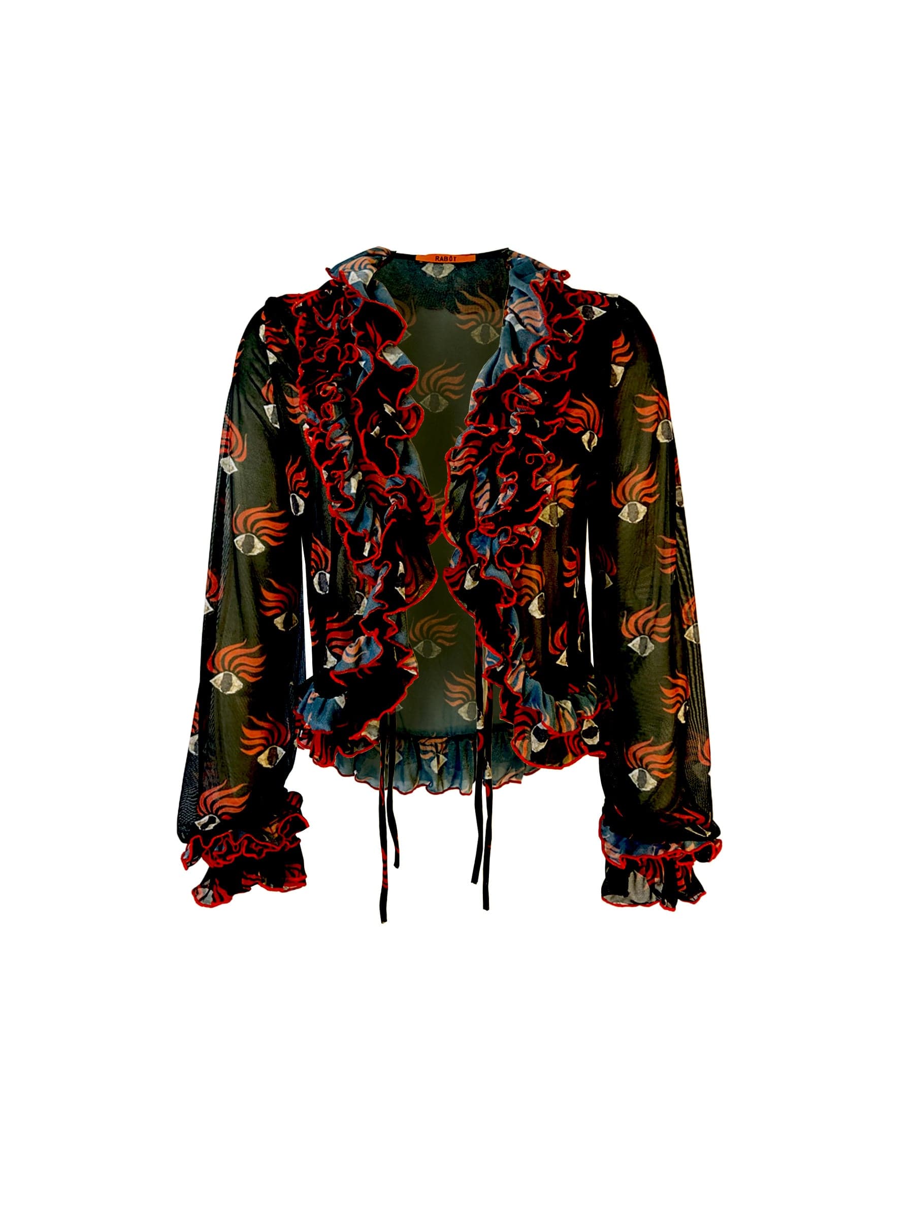 Ruffle eye print mesh top