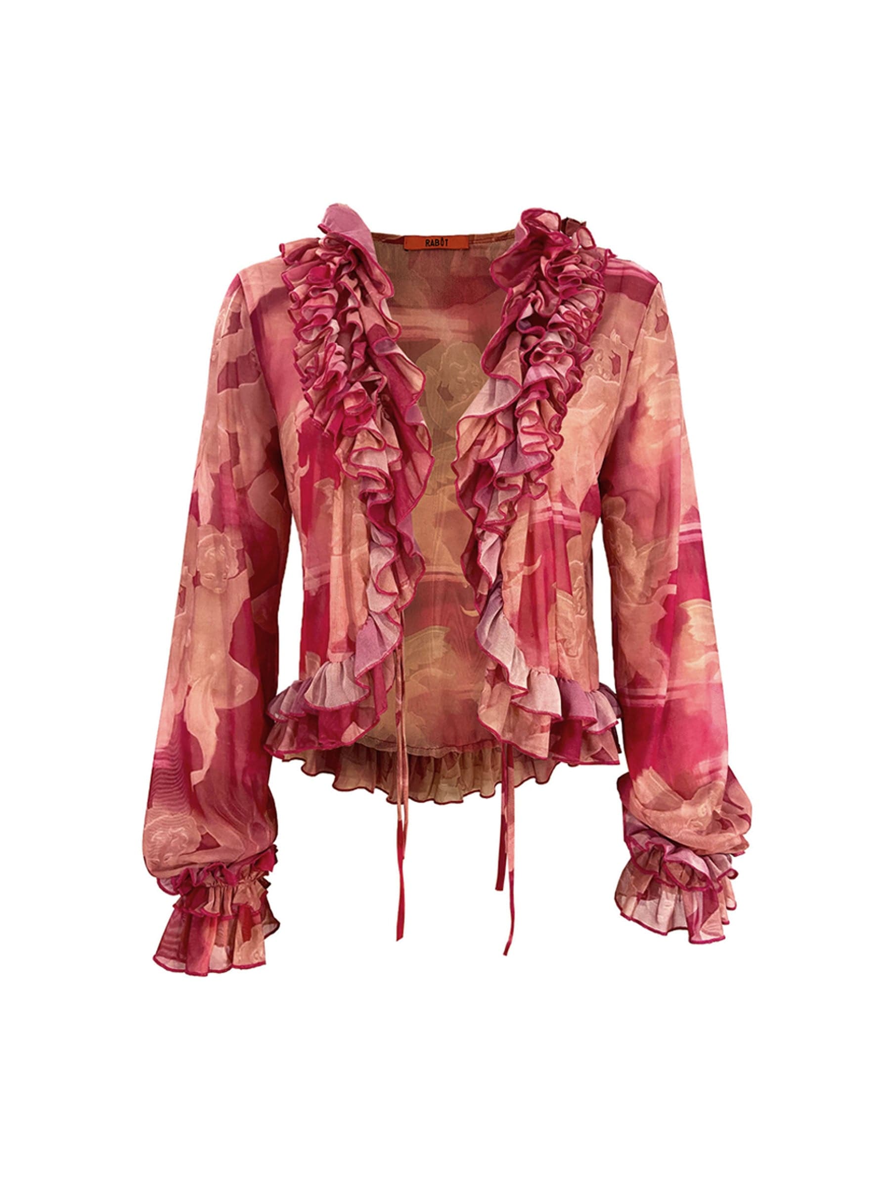 RED ANGEL PRINT MESH RUFFLE TOP