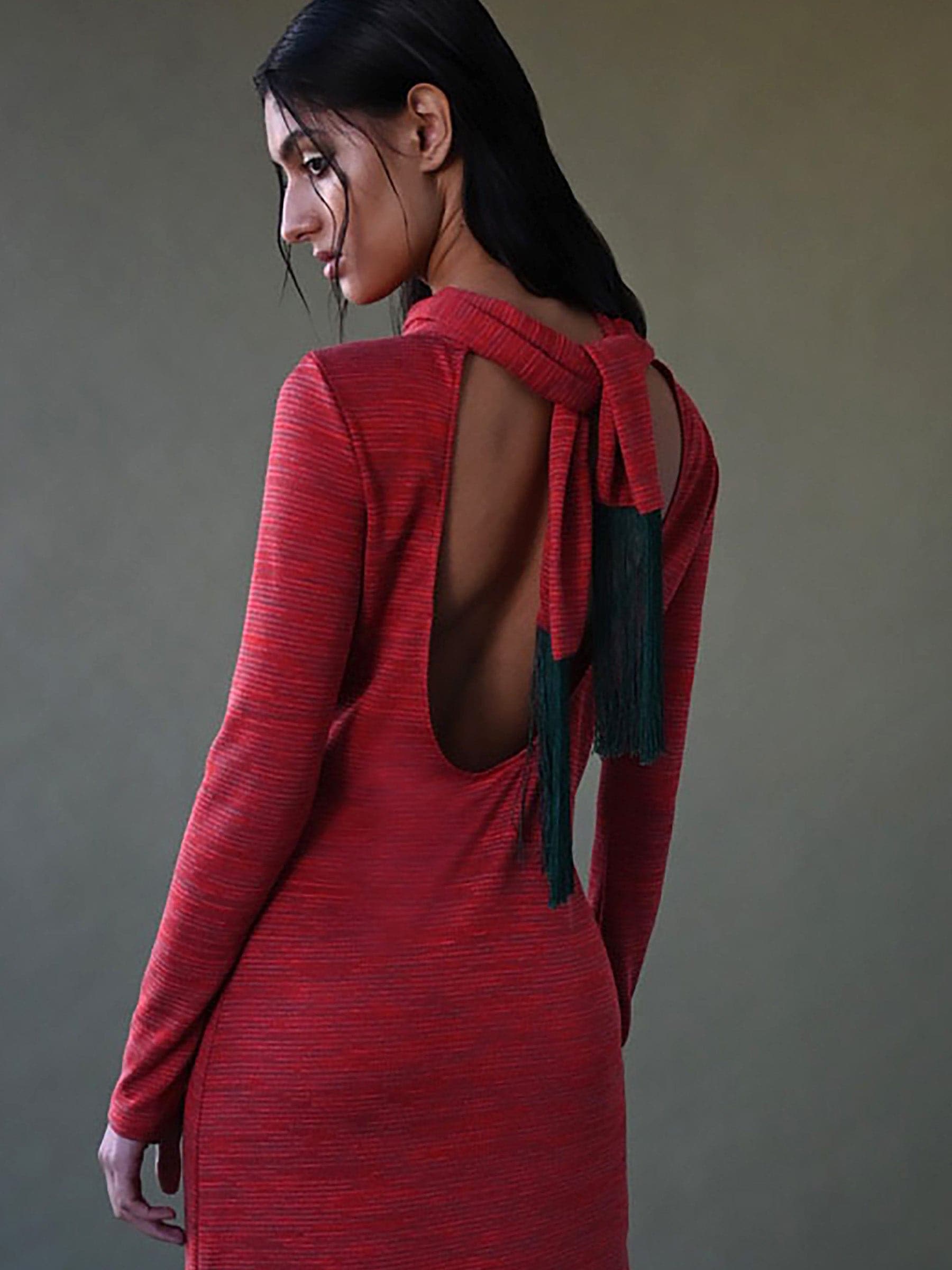 Sweater knit orange rust open back fringe dress
