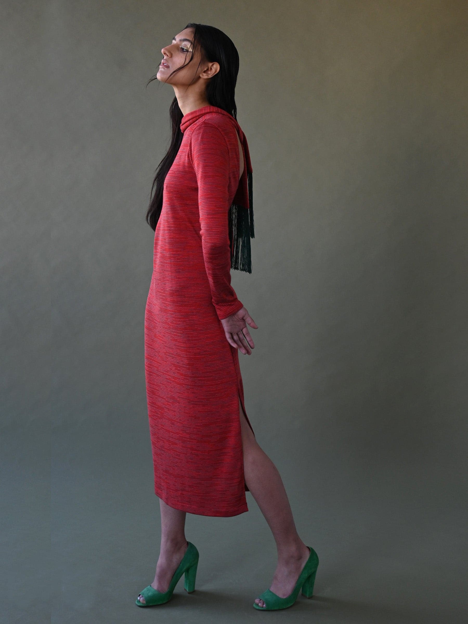 Sweater knit orange rust open back fringe dress