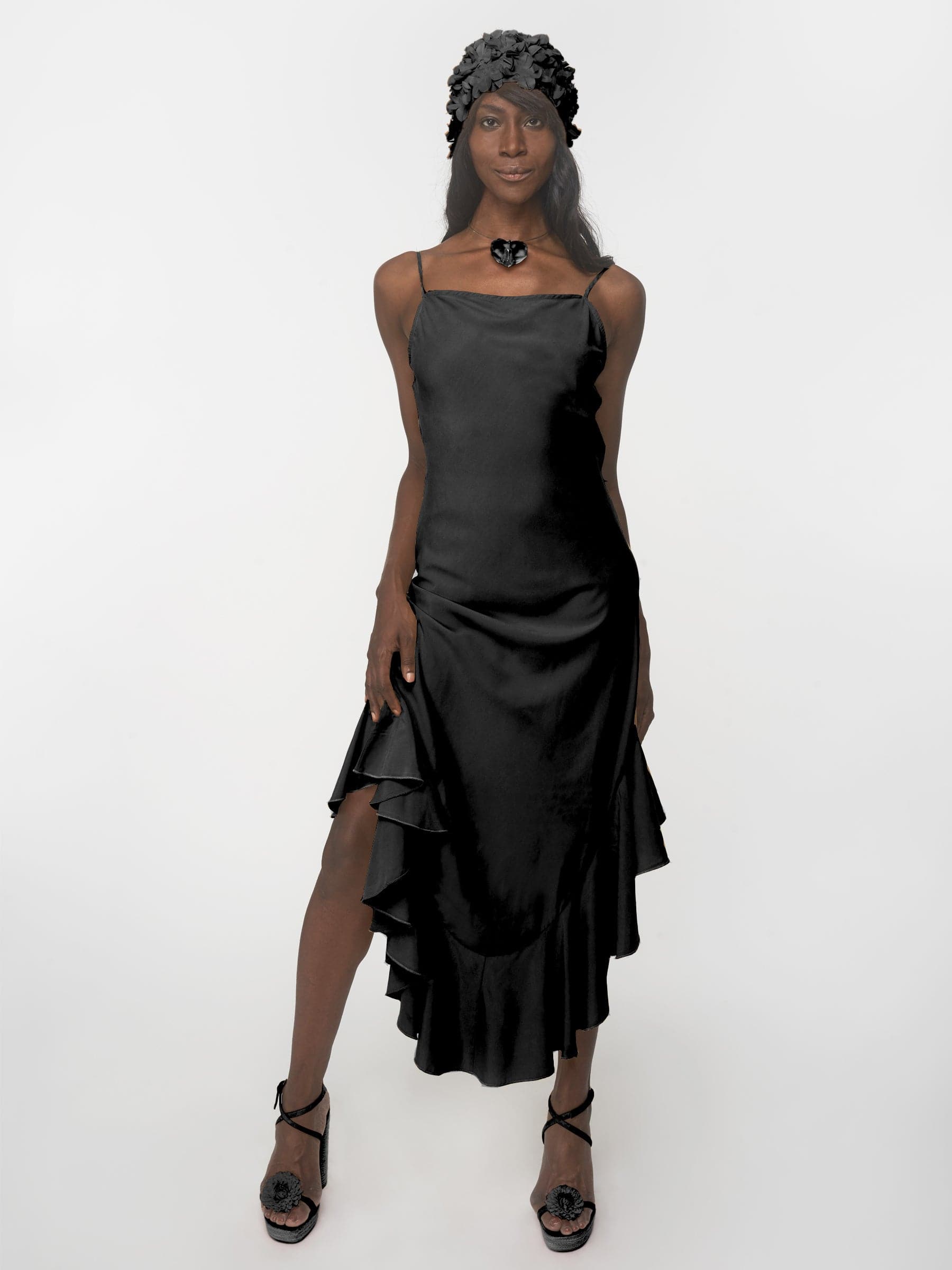 Black tencel bias cut ruffle party dress