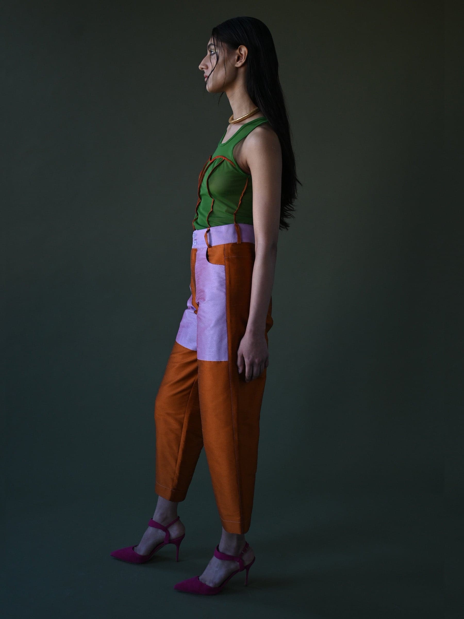 Colorblocked shantung dupioni pant