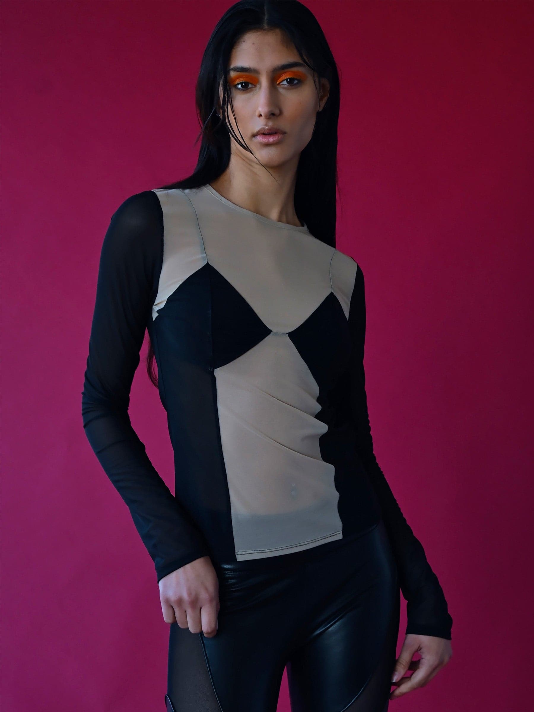 BLACK AND BUTTERCREAM CORSET MESH TOP