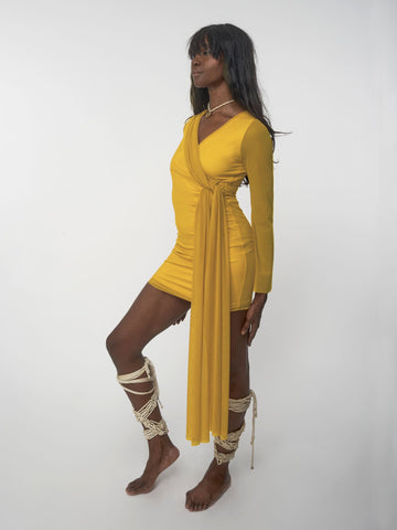 Bright yellow wrap mesh dress