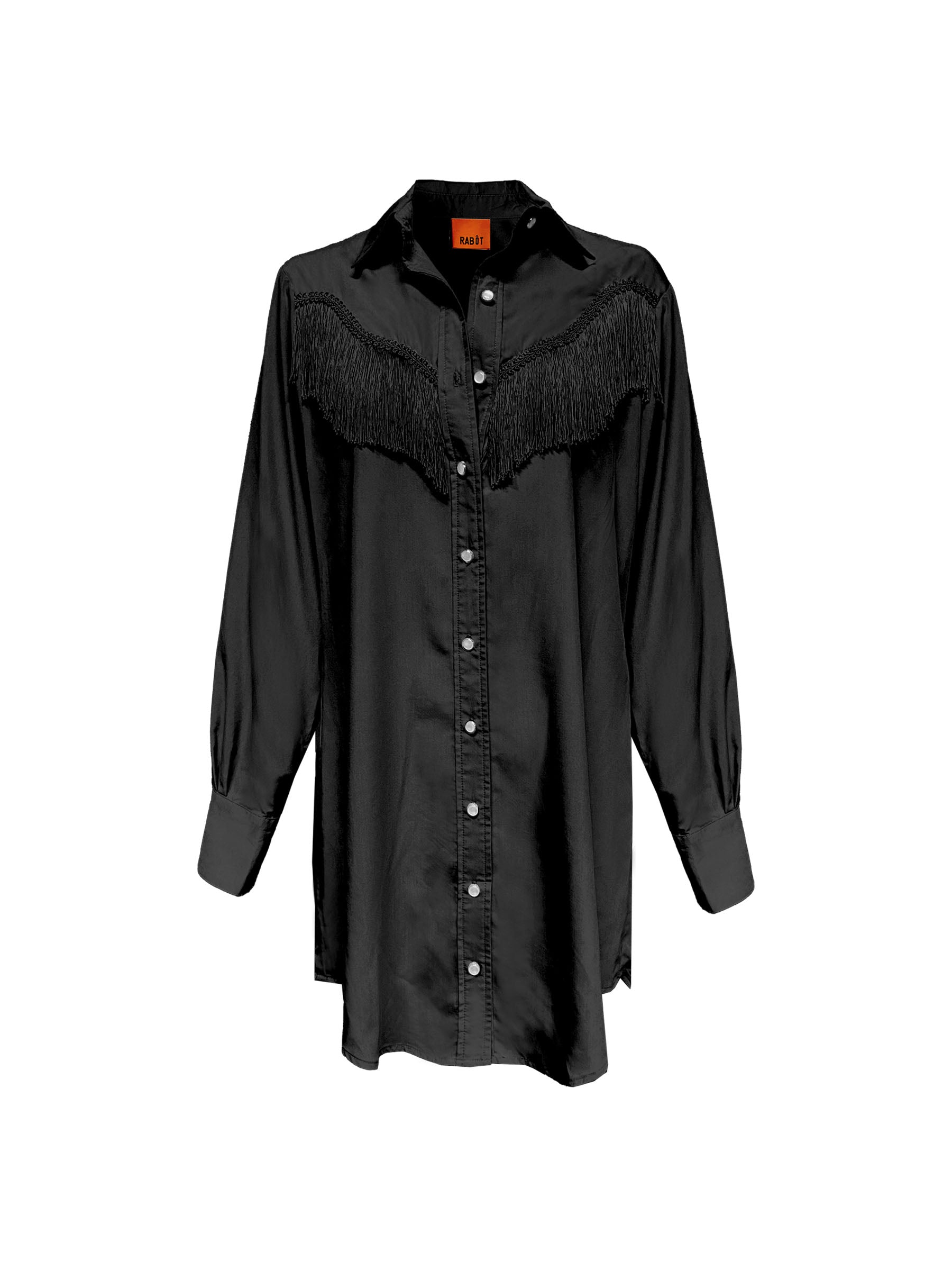 Black cupro sustainable fringe buttondown shirt dress