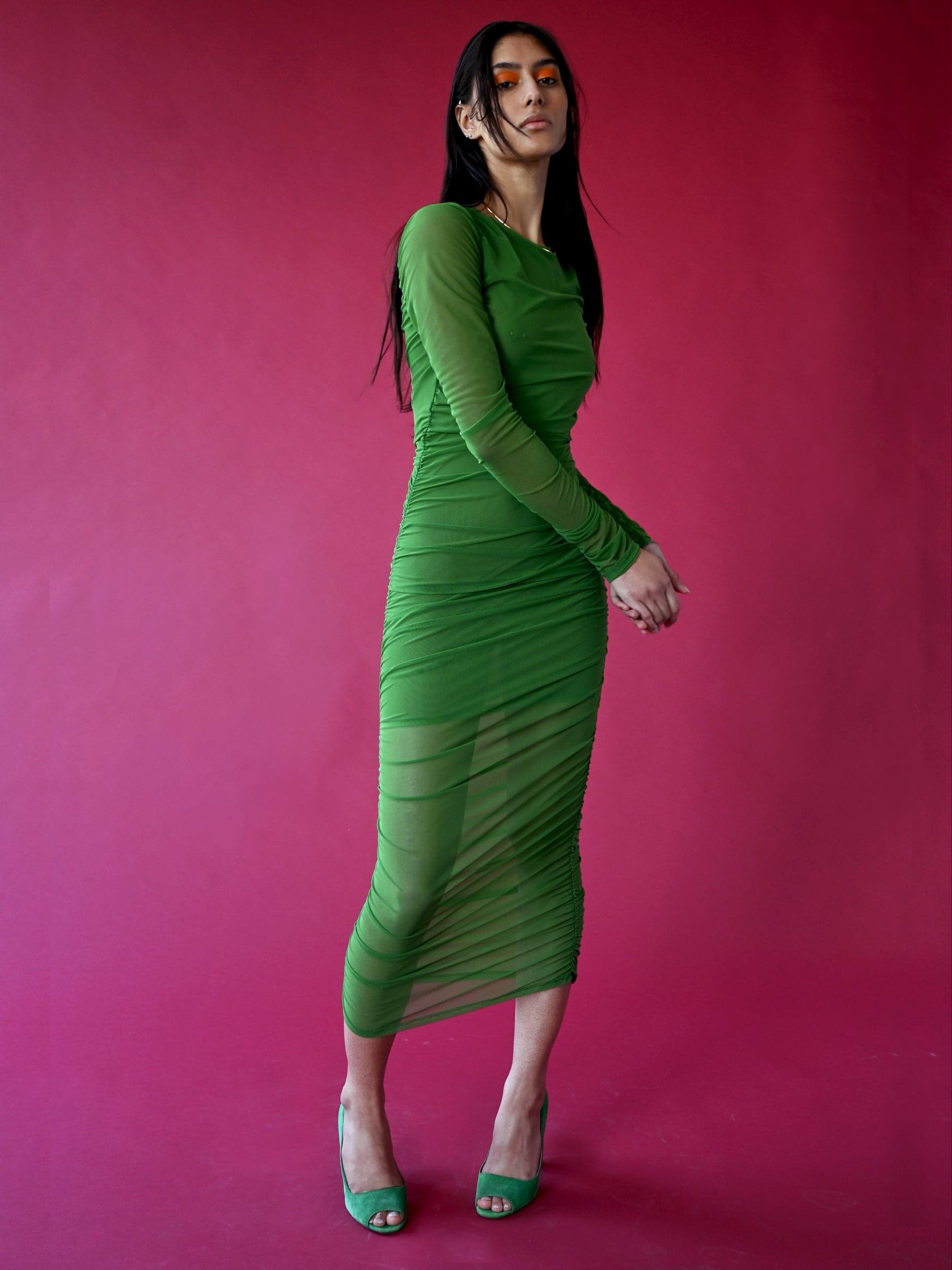 KELLY GREEN MESH RUCHED DRESS