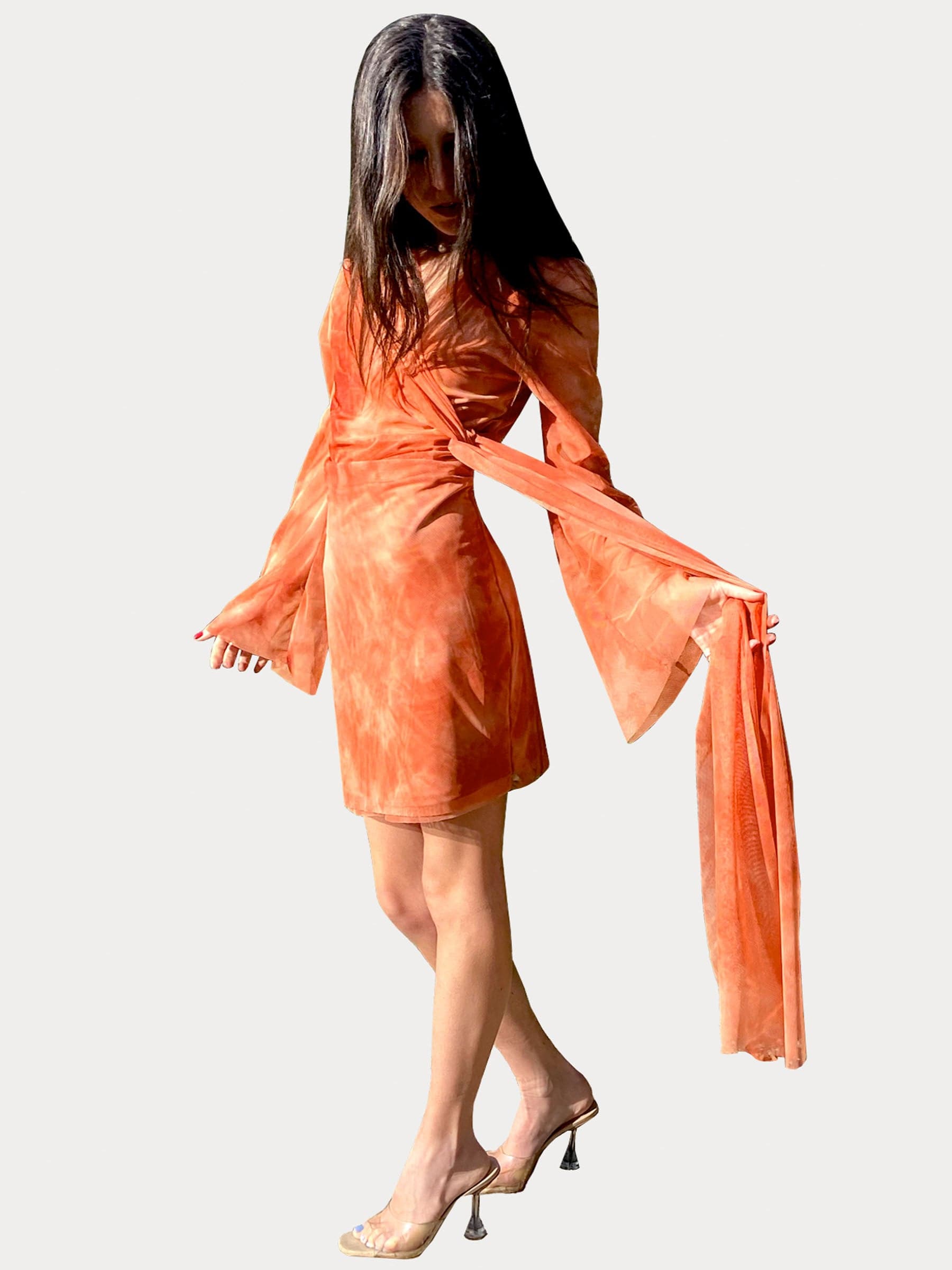 Orange tie dye mini dress with tie