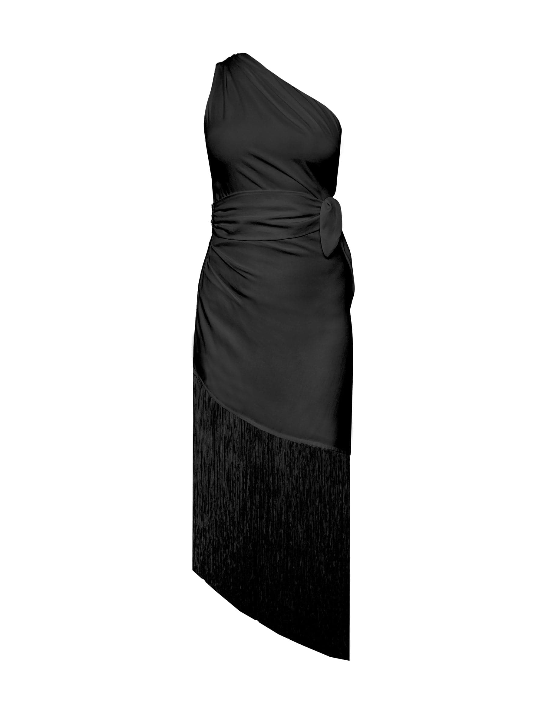 Black sustainable Tencel one shoulder dress with fringe