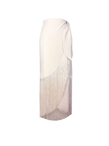 White sustainable Tencel wrap fringe skirt