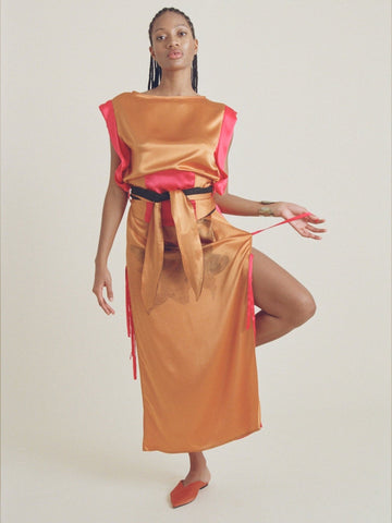 SILK COLORBLOCKED ANGEL PRINT DRESS