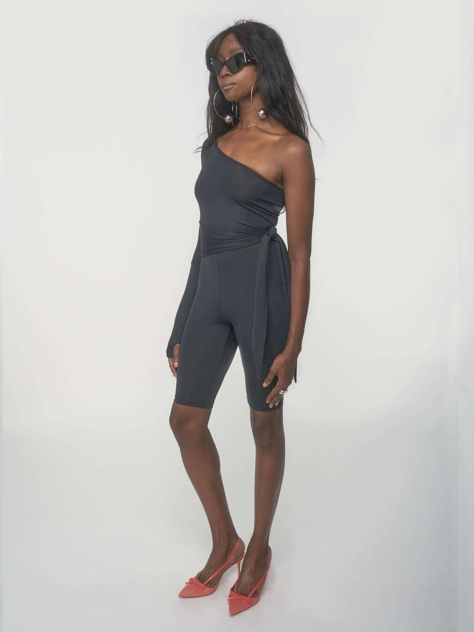 Black recycled sustainable one shoulder romper